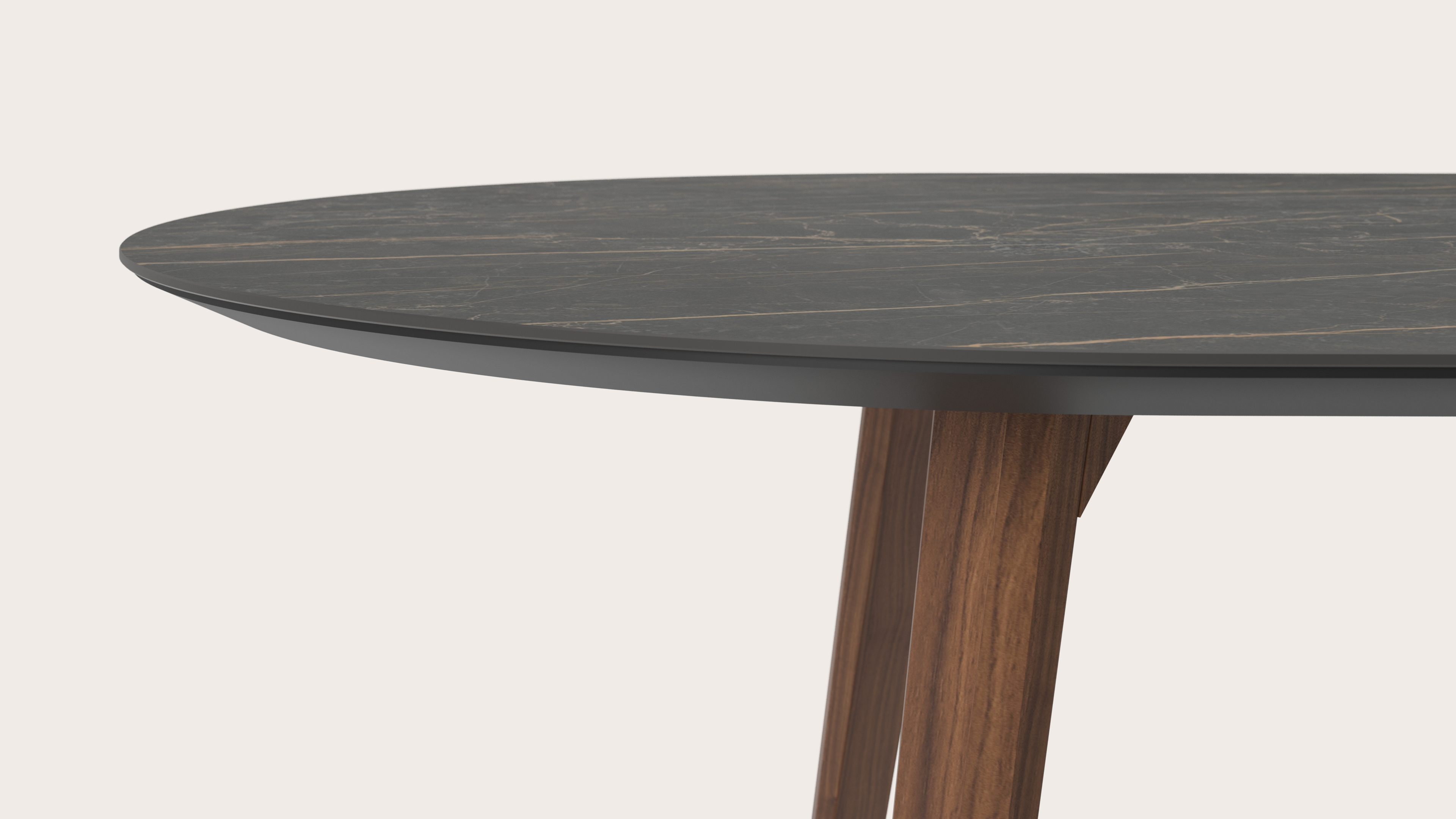 Eettafel Clino onderstel in walnoot met plat ovaal volkeramisch Ceramo blad in kleur Black Obsession 260 x 115 x 77 cm