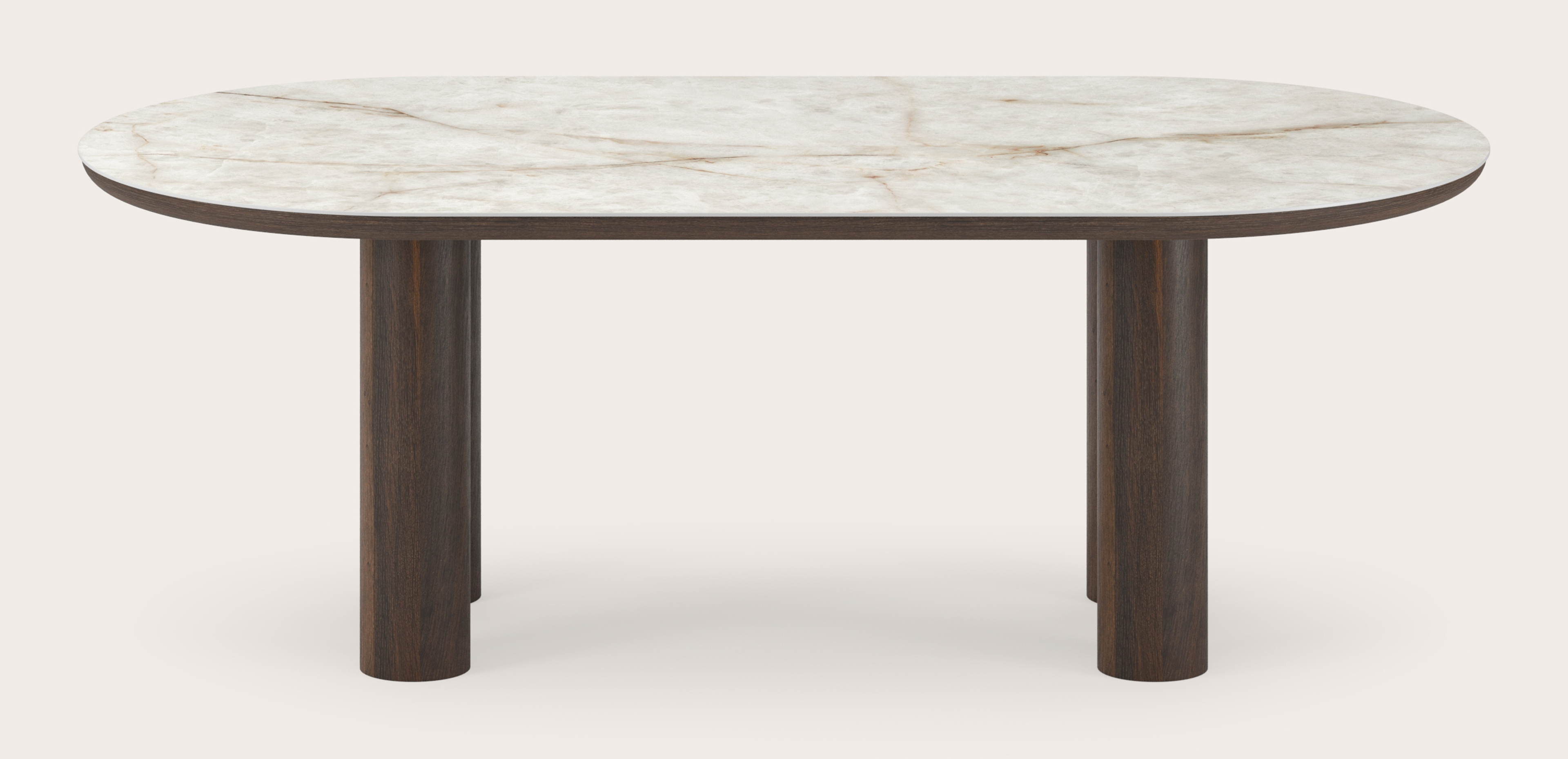 Eettafel Amato Rondo onderstel in gerookte eik met plat ovaal volkeramisch Ceramo blad in kleur Himalaya 220 x 110 x 76 cm