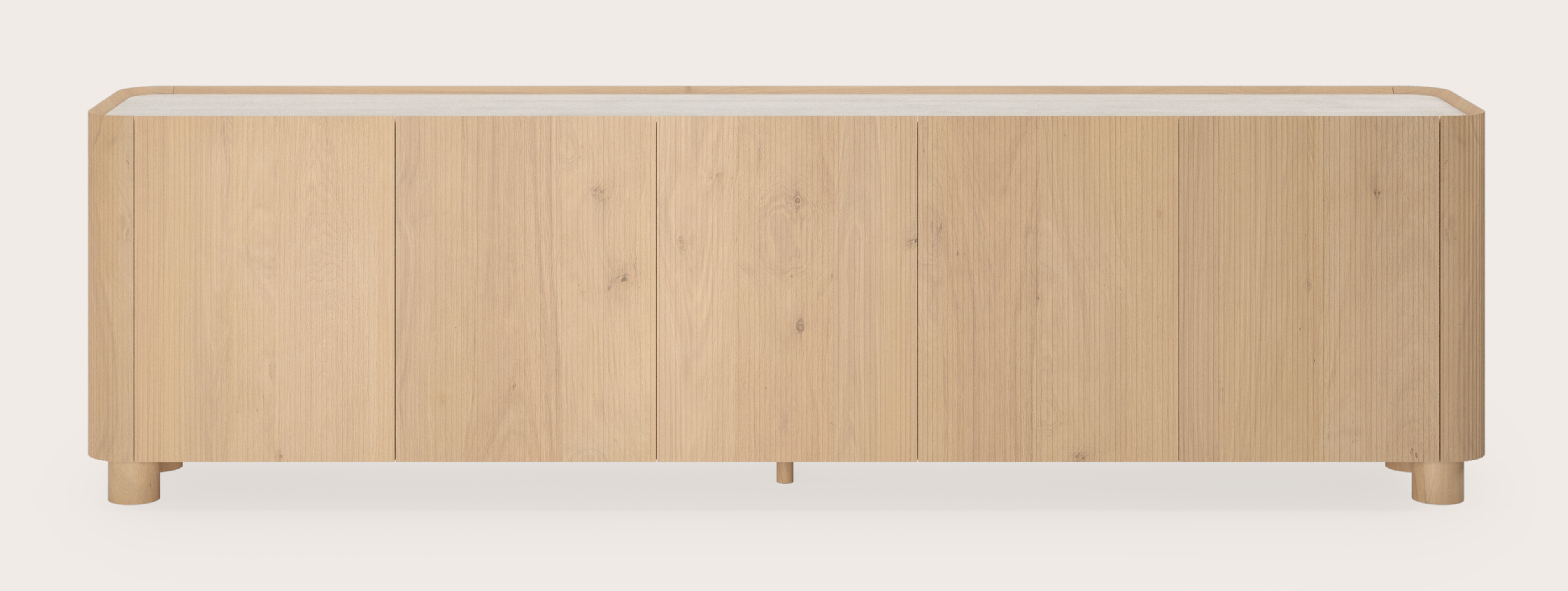 Grivato dressoir in natuurkleurige eik met ronde poten met volkeramisch Ceramo blad in kleur Travertino Bianco 269 x 45 cm