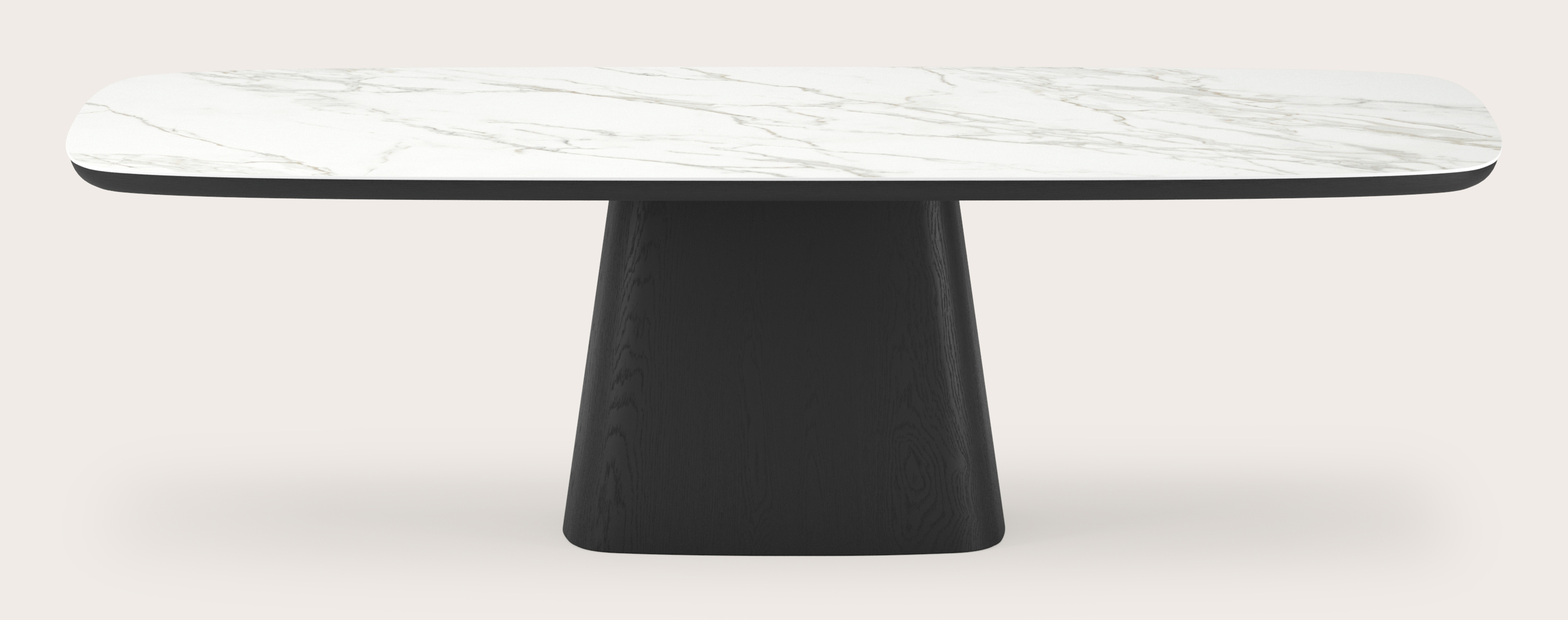 Eettafel Amato Cuadro onderstel in chêne noir avec plateau Ceramo forme arrondie en céramique en couleur Calacatta 260 x 110 x 77 cm