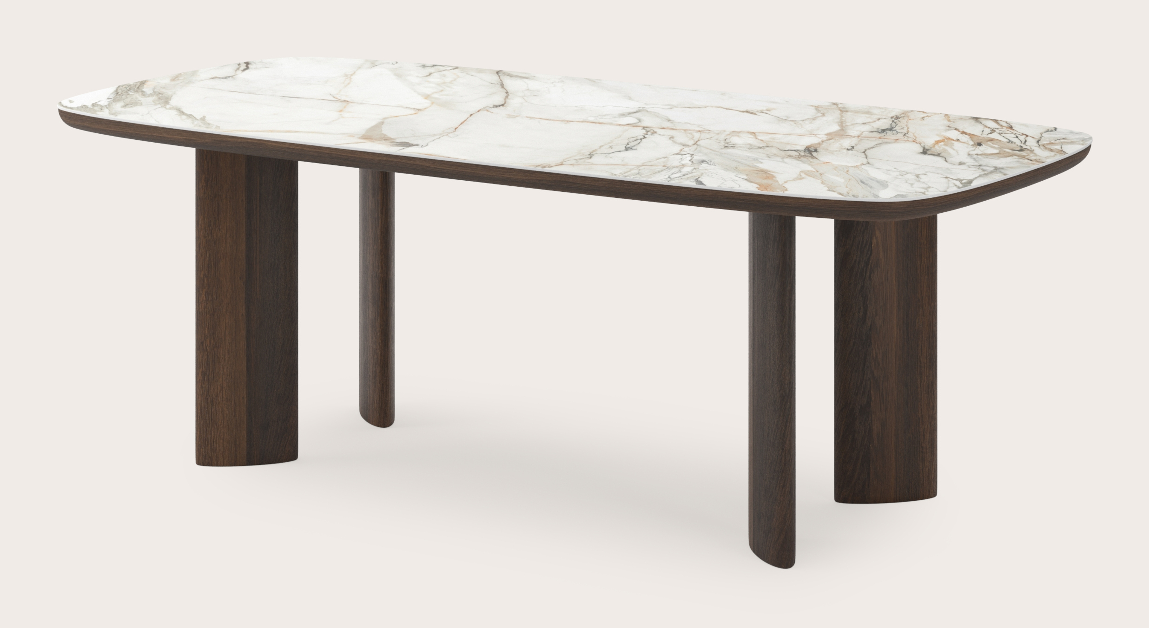 Table de salle à manger Amato Ellipso armature en chêne fumé avec plateau Ceramo forme arrondie en céramique en couleur Calacatta Luxe 220 x 105 x 76 cm