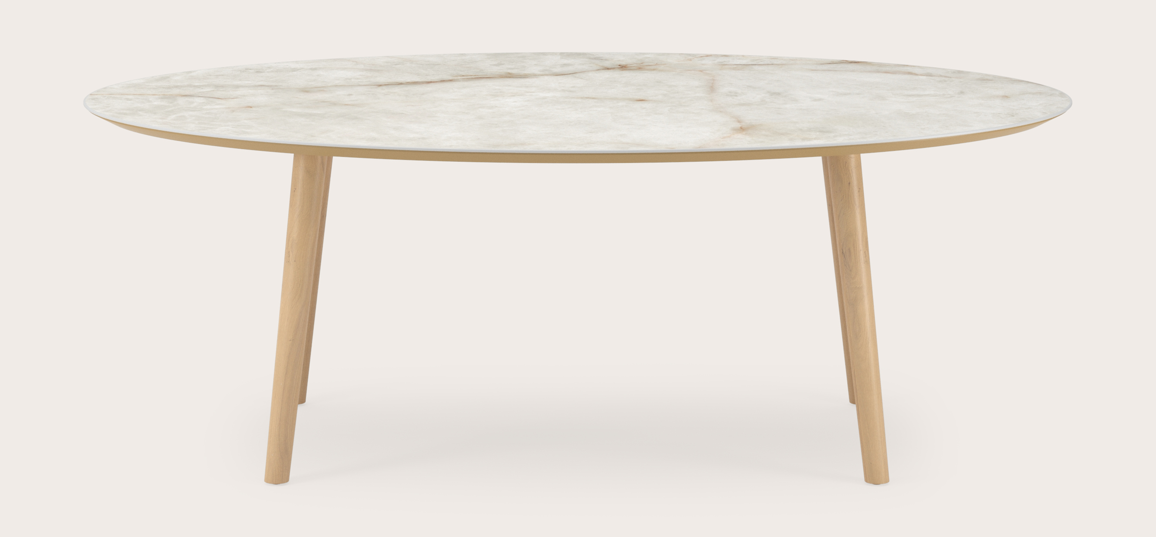Eettafel Conico onderstel in natuurkleurige eik met ovaal volkeramisch Ceramo blad in kleur Himalaya 220 x 120 x 77 cm