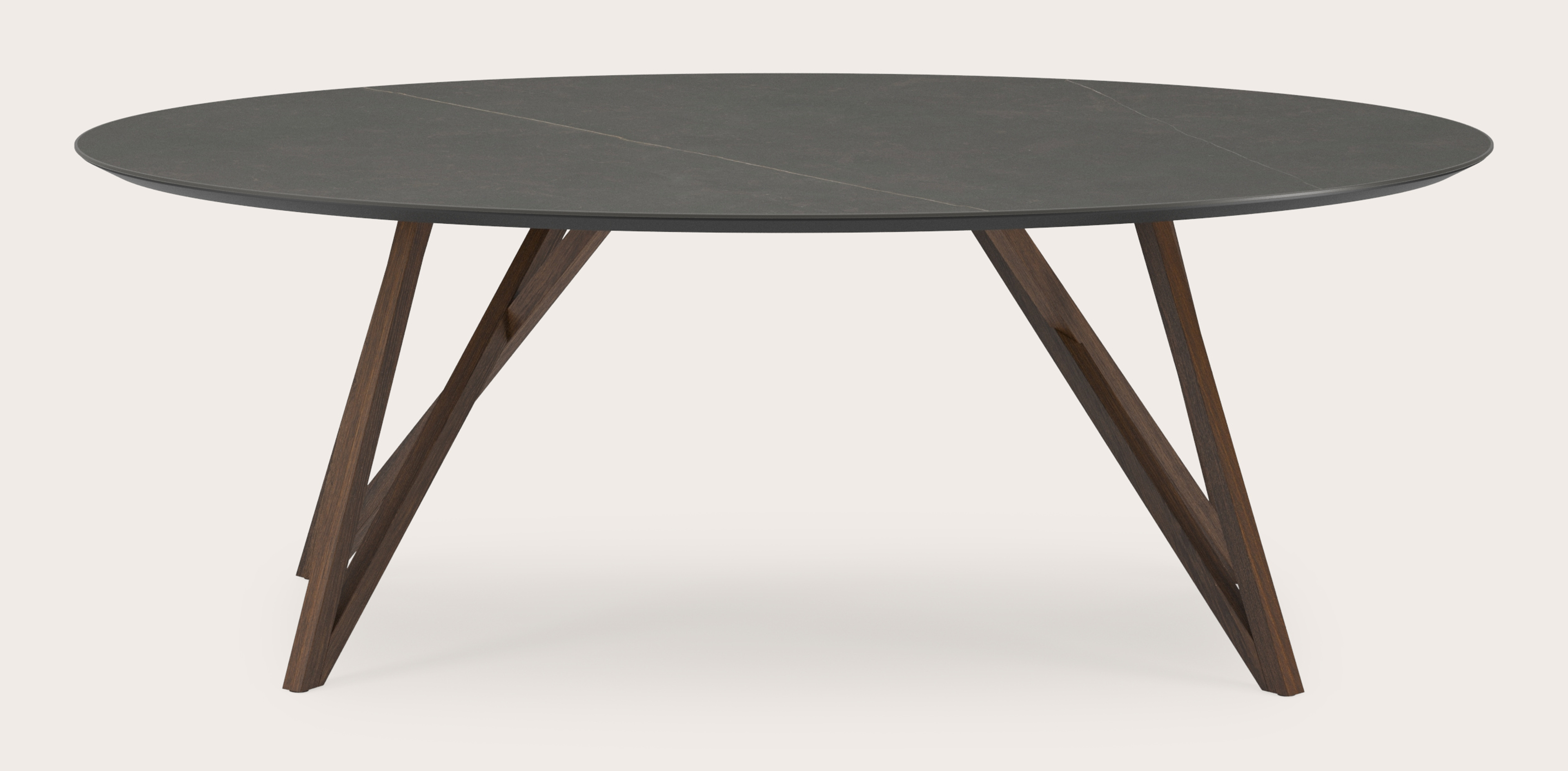 Table de salle à manger Ragno armature en chêne fumé avec plateau Ceramo ovale en céramique en couleur Calatorao 220 x 120 x 77 cm