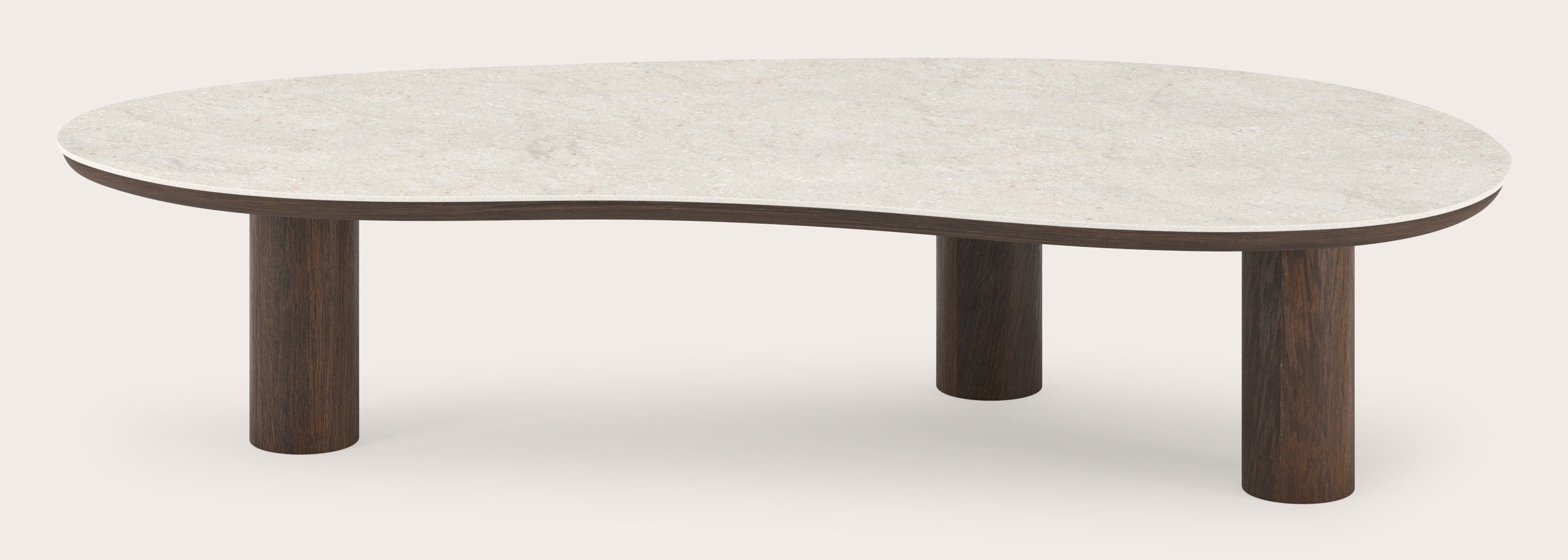 Salontafel Amato Rondo XSmall onderstel in gerookte eik met blobvormig volkeramisch Ceramo blad in kleur Shilin 157 x 80 x 34 cm