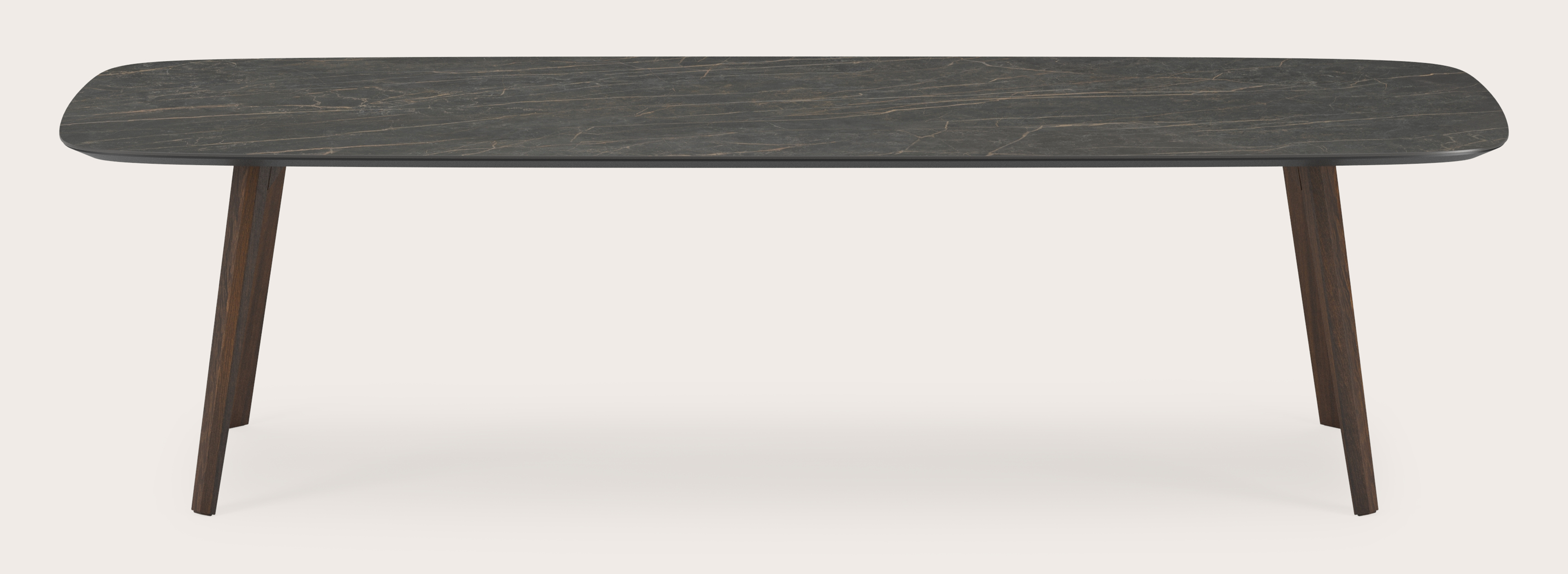 Eettafel Clino onderstel in gerookte eik met bootvormig volkeramisch Ceramo blad in kleur Black Obsession 300 x 115 x 77 cm