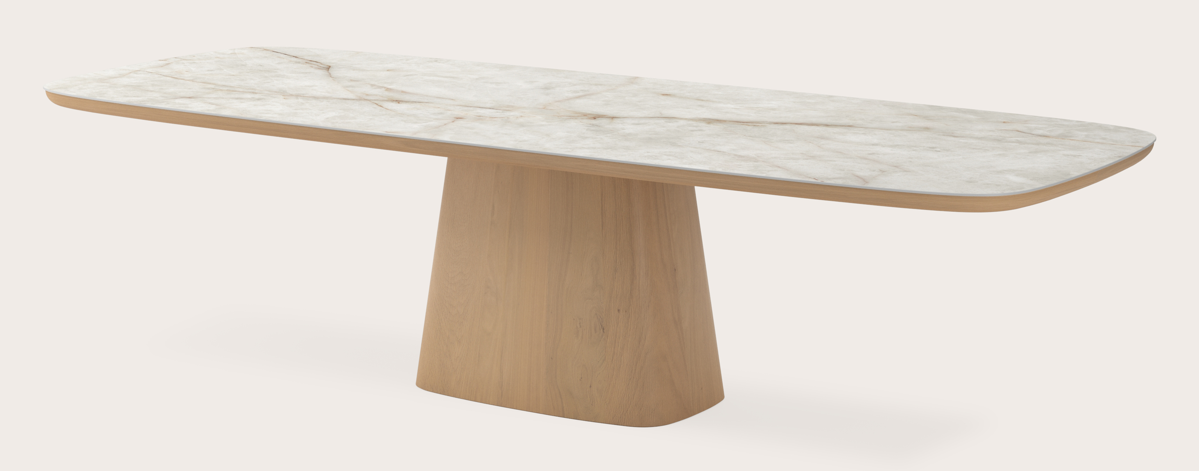 Eettafel Amato Cuadro onderstel in natuurkleurige eik met Bootvormig volkeramisch Ceramo blad in kleur Himalaya 300 x 115 x 77 cm
