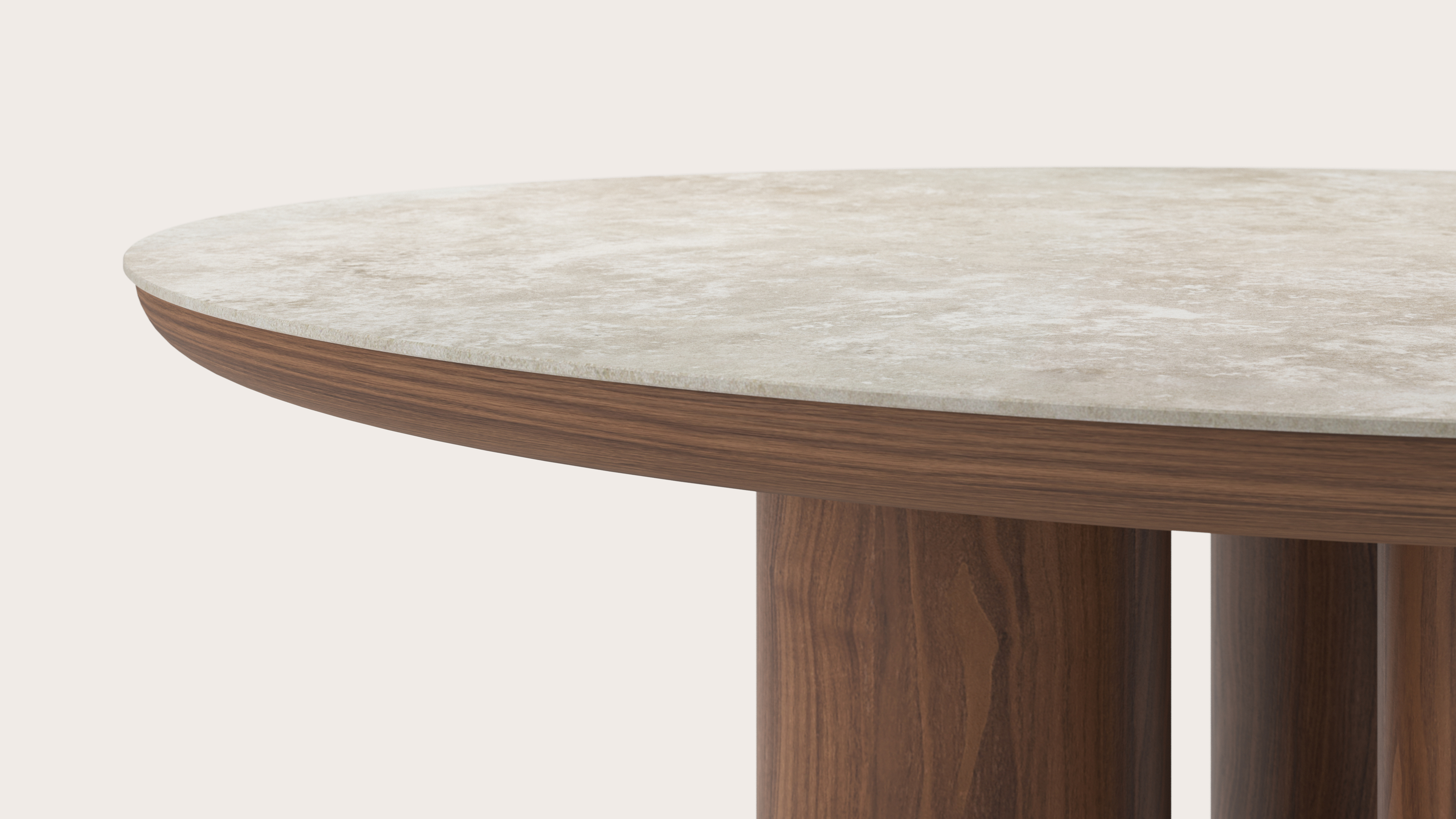 Eettafel Amato Rondo onderstel in walnoot met rond volkeramisch Ceramo blad in kleur Rapolano Ø150 x 76 cm