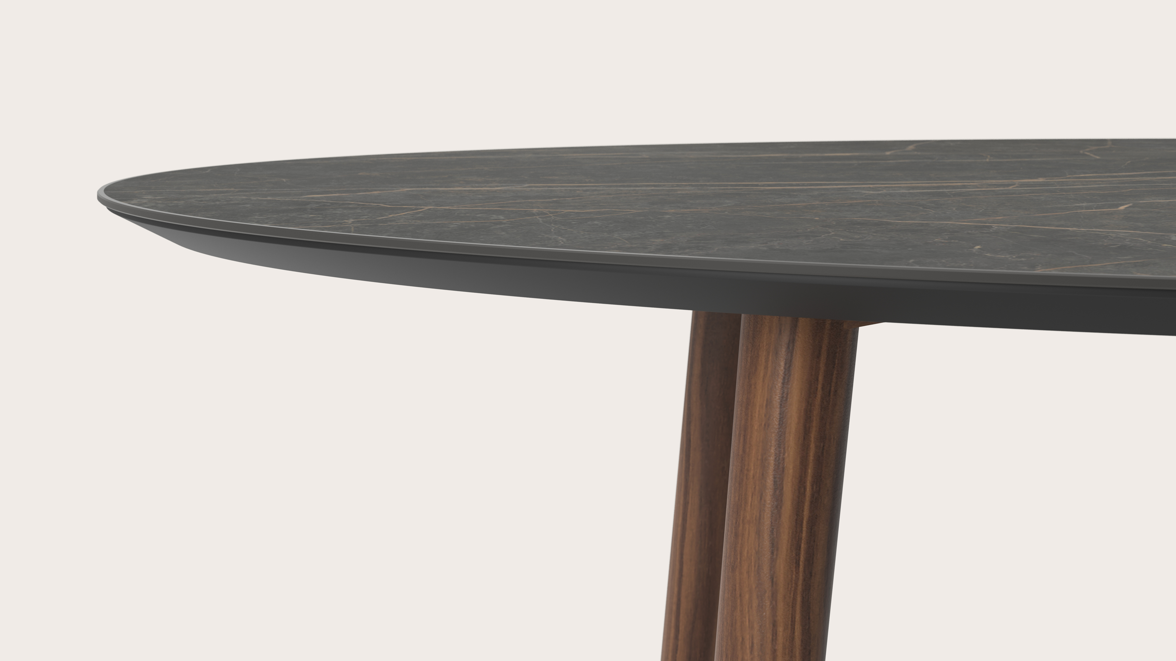 Eettafel Conico onderstel in gerookte eik met ovaal volkeramisch Ceramo blad in kleur Black Obsession 220 x 120 x 77 cm