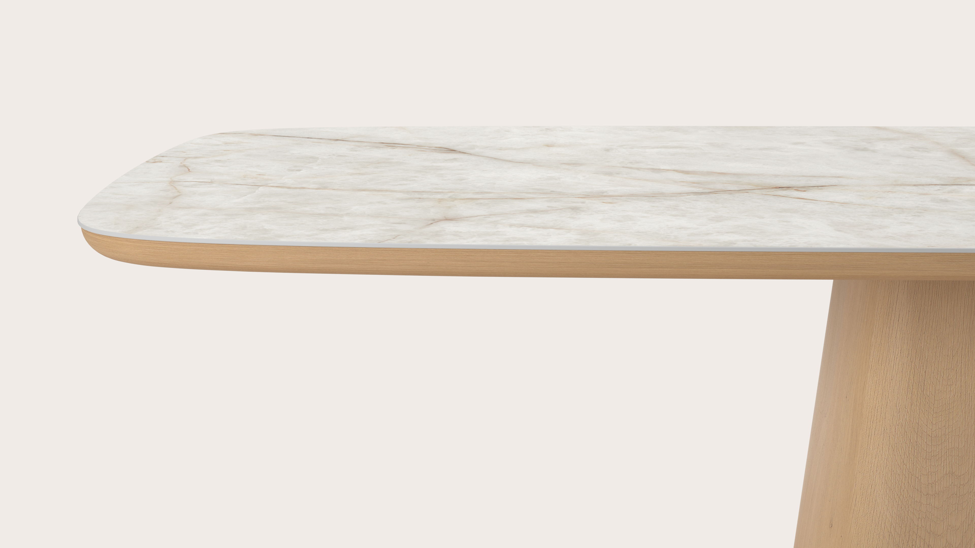 Eettafel Amato Cuadro onderstel in natuurkleurige eik met Bootvormig volkeramisch Ceramo blad in kleur Himalaya 300 x 115 x 77 cm