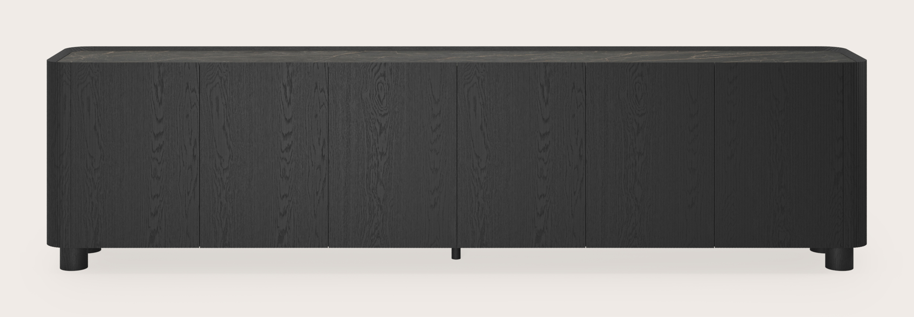 Grivato dressoir in zwarte eik met ronde poten met volkeramisch Ceramo blad in kleur Black Obsession 294 x 45 cm