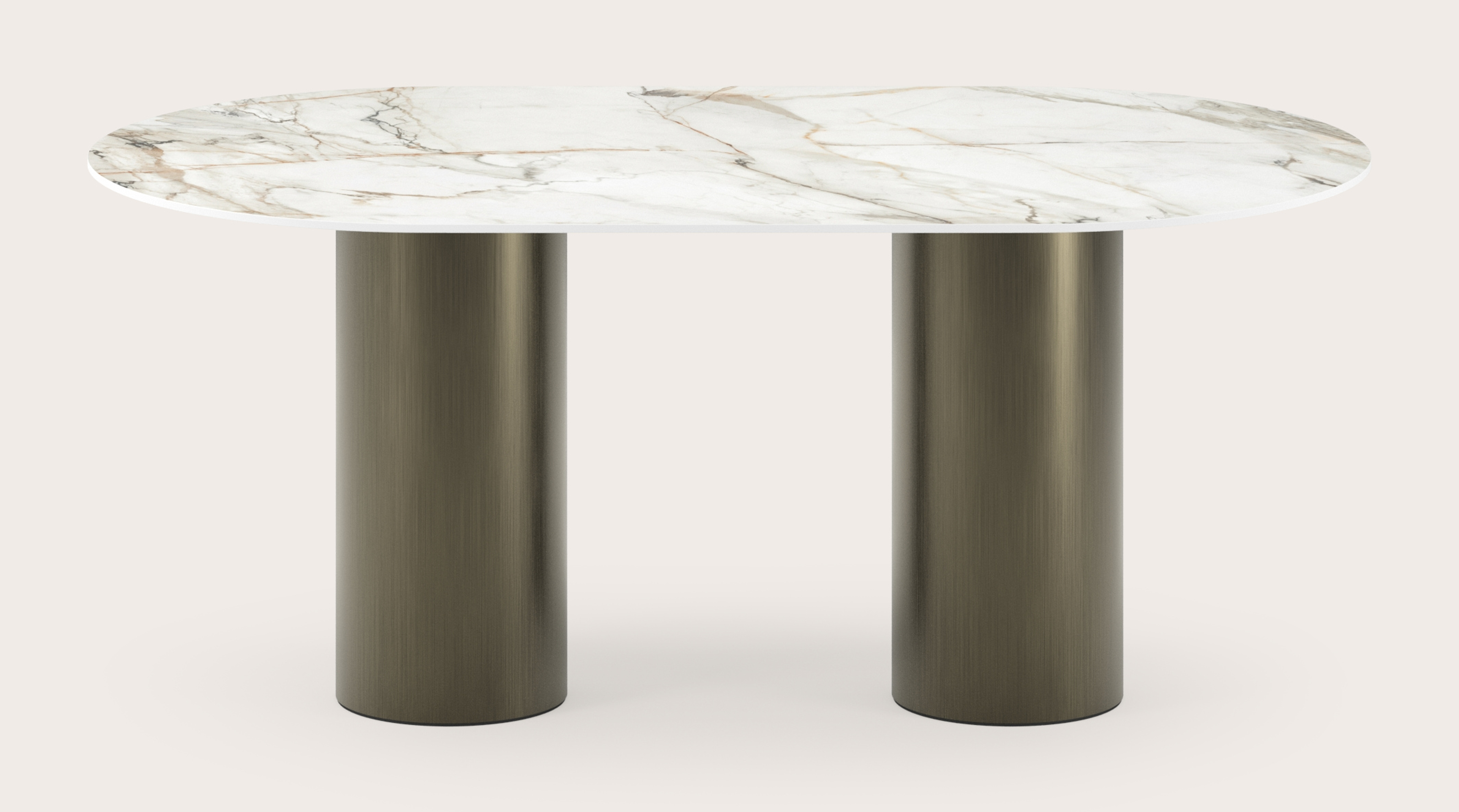 Table à manger Amato Rondo armature en métal bronze avec plateau ovale plat céramique Ceramo Lux en couleur Calacatta Luxe 180x100 cm