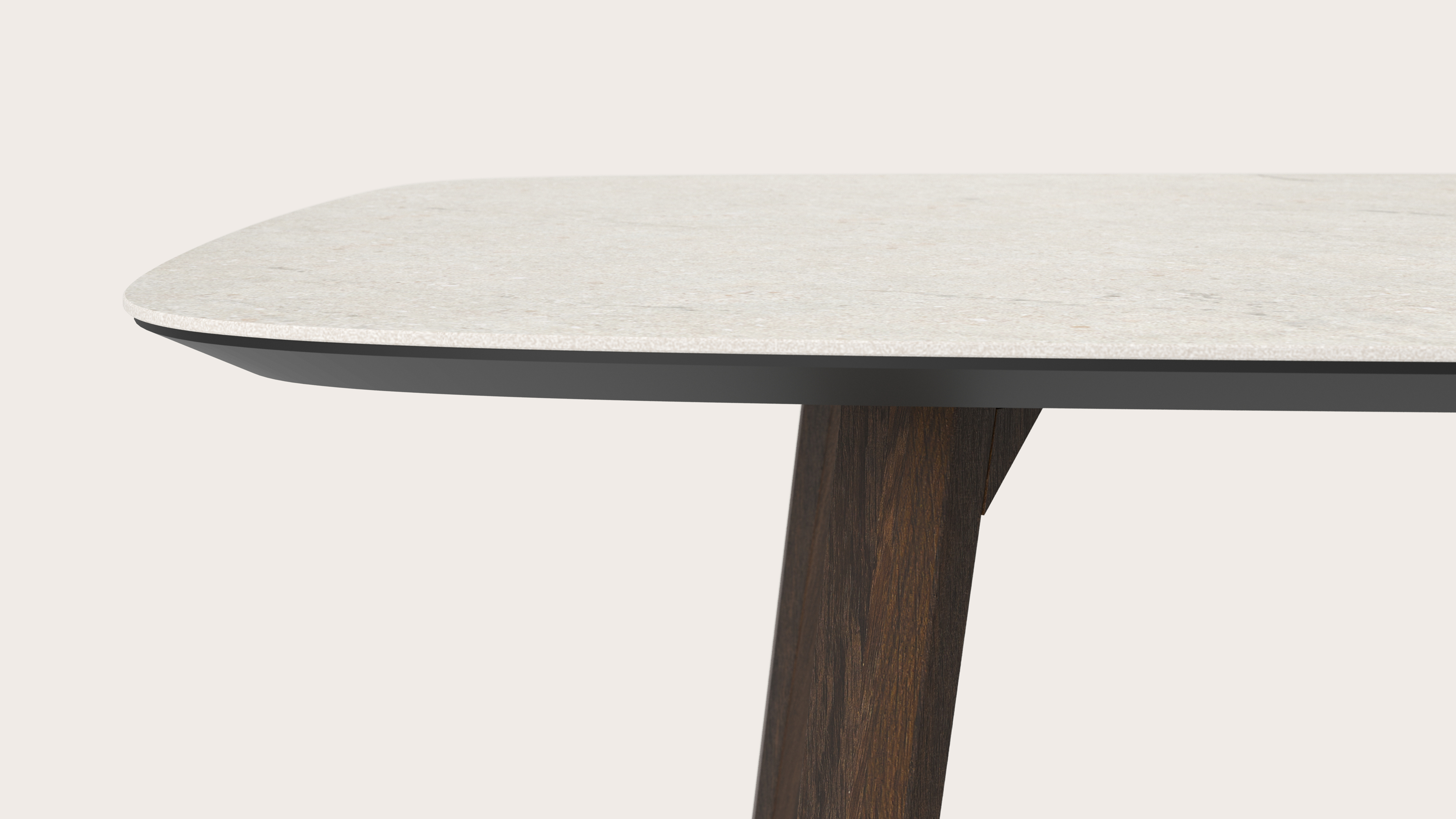 Eettafel Clino onderstel in gerookte eik met bootvormig volkeramisch Ceramo blad in kleur Shilin 300 x 115 x 77 cm