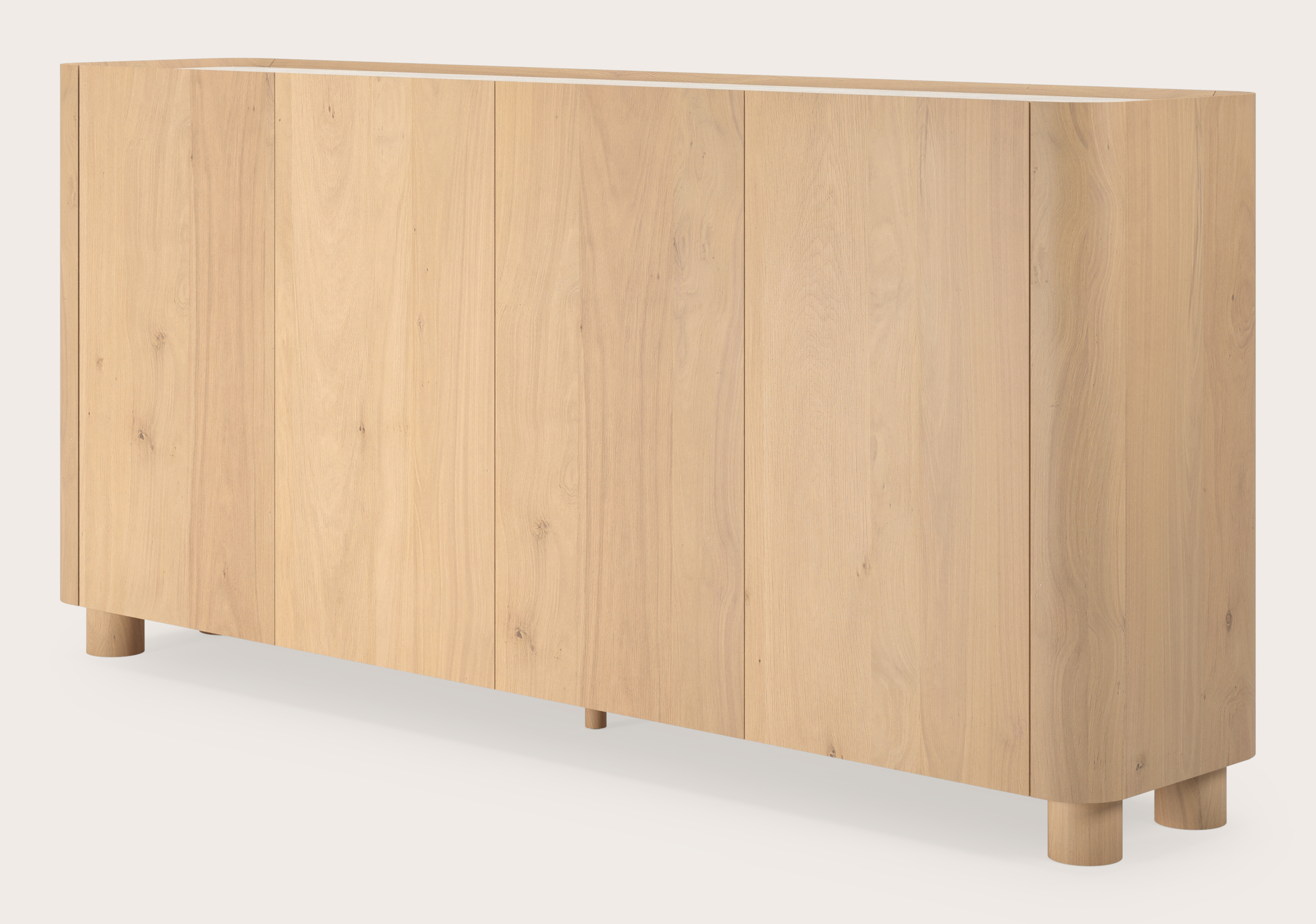 Buffet haut Curvato en chêne couleur naturelle avec pieds ronds en bois avec plateau Ceramo en céramique en couleur Travertino Bianco 219 x 45 x 102 cm