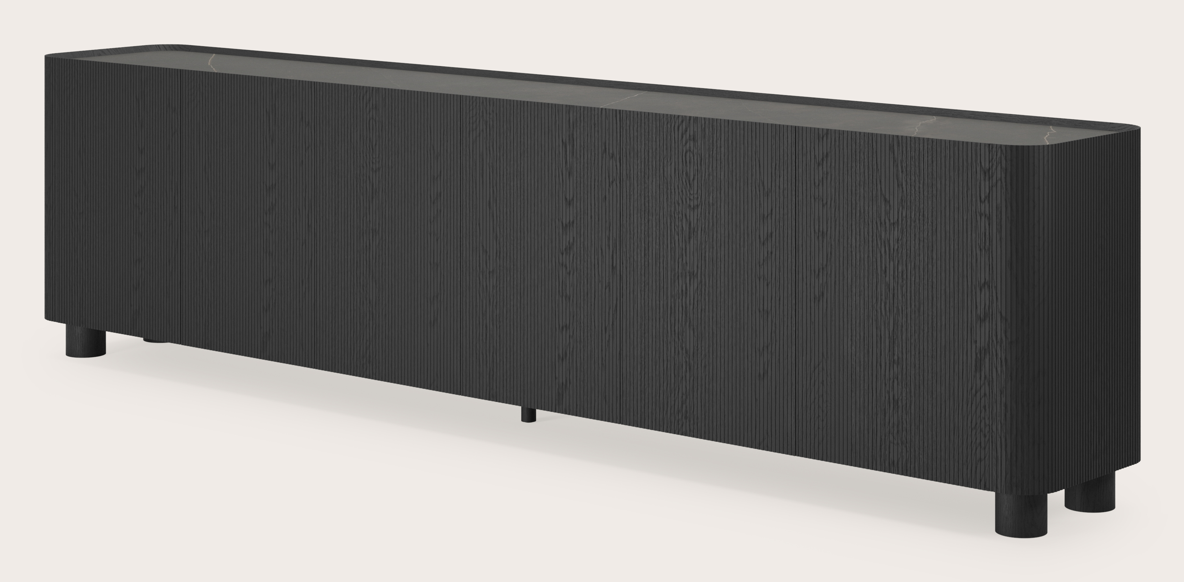 Buffet Grivato en chêne noir avec pieds ronds avec plateau Ceramo rond en céramique en couleur Calatorao 294 x 45 cm