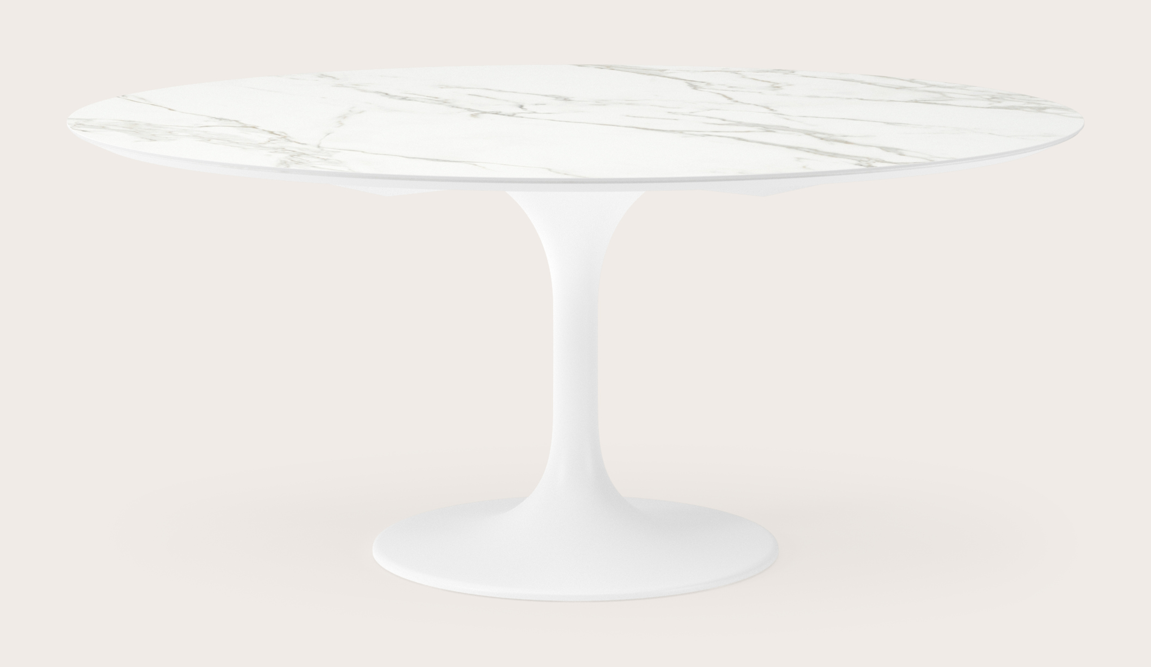 Eettafel Tulipo onderstel in wit metaal met ovaal volkeramisch Ceramo blad in kleur Calacatta 180 x 110 x 77 cm