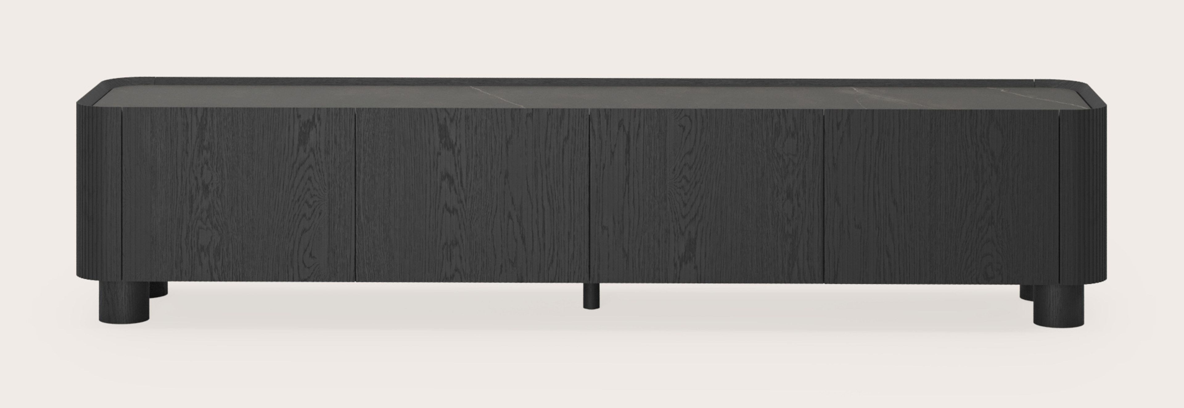 Meuble tv Grivato en chêne noir avec pieds ronds avec plateau Ceramo rond en céramique en couleur Calatorao 203 x 45 cm