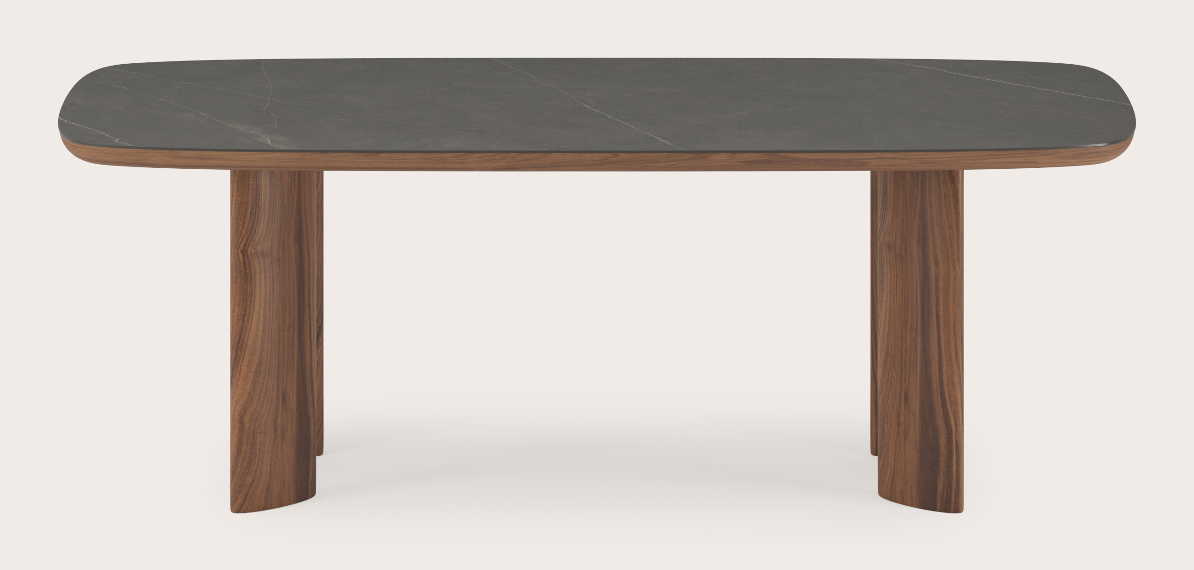 Eettafel Amato Ellipso onderstel in walnoot met bootvormig volkeramisch Ceramo blad in kleur Calatorao 220 x 105 x 76 cm
