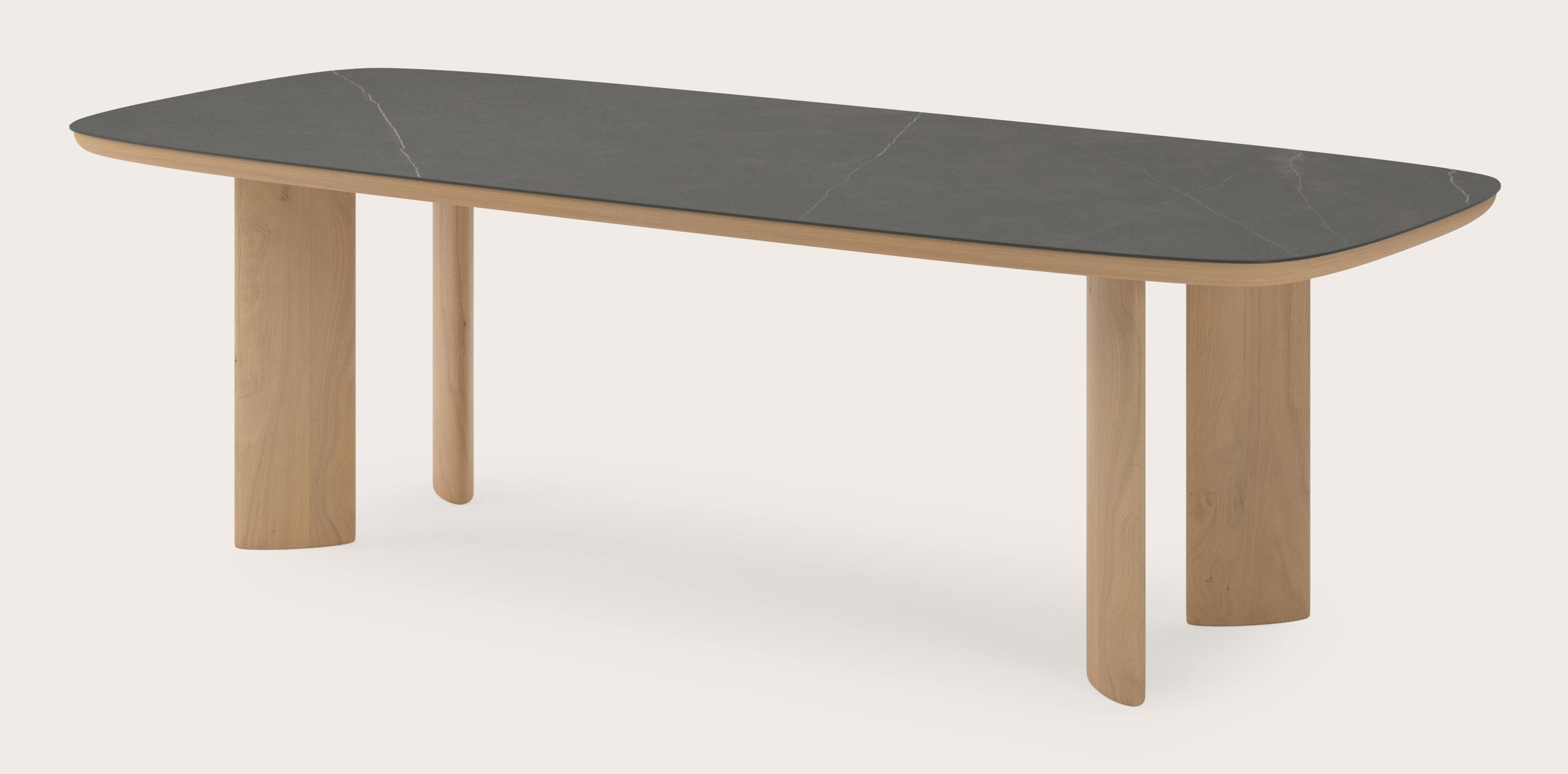 Table de salle à manger Amato Ellipso armature en chêne couleur naturelleavec plateau Ceramo forme arrondie en céramique en couleur Calatorao 260 x 110 x 76 cm
