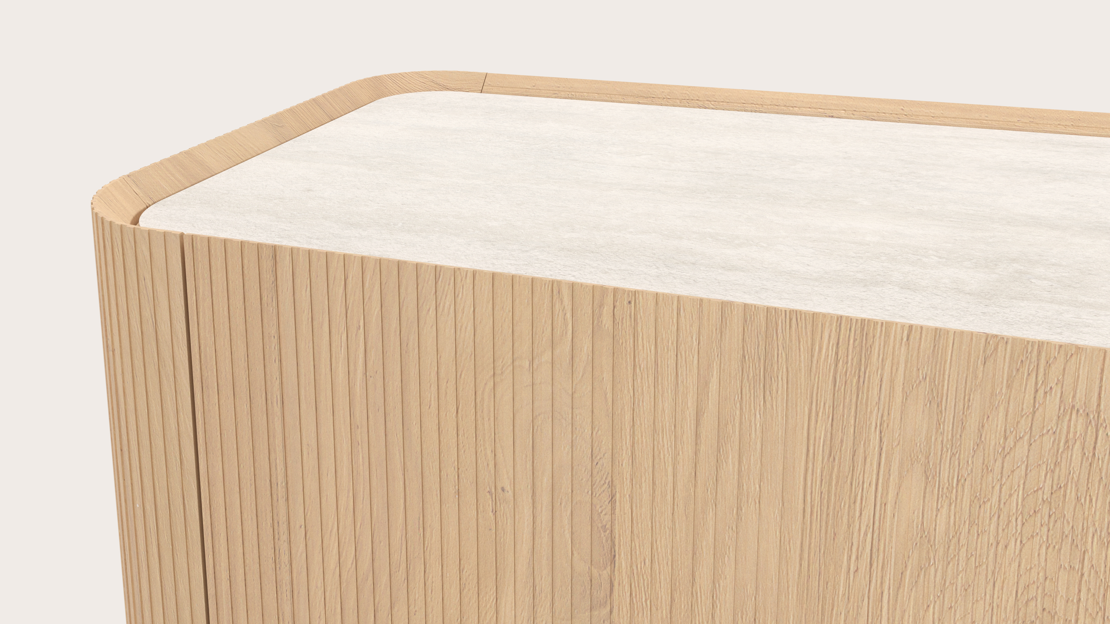Grivato tv-meubel in natuurkleurige eik met ronde poten met volkeramisch Ceramo blad in kleur Travertino Bianco 203 x 45 cm