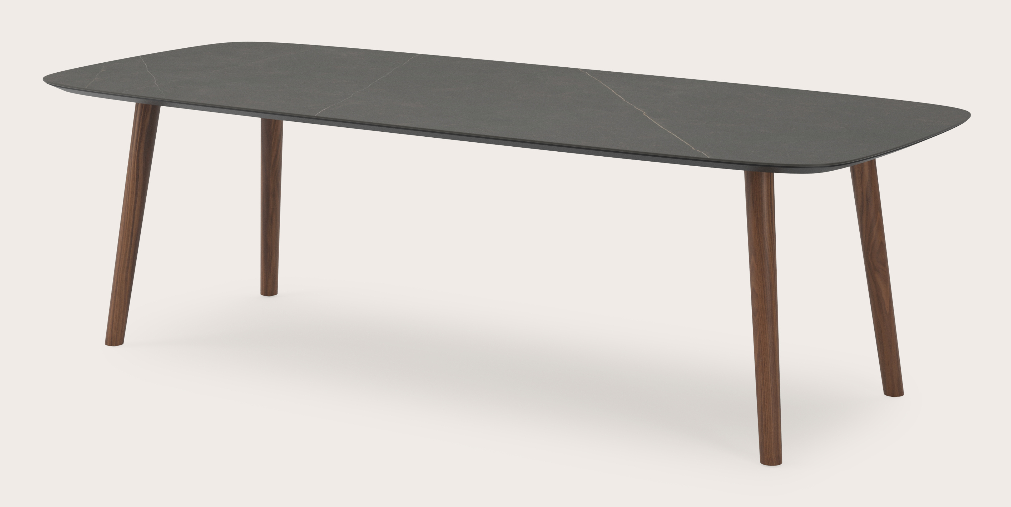 Table de salle à manger Conico armature en noyer avec plateau Ceramo forme arrondi en céramique en couleur Calatorao 260 x 110 x 77 cm