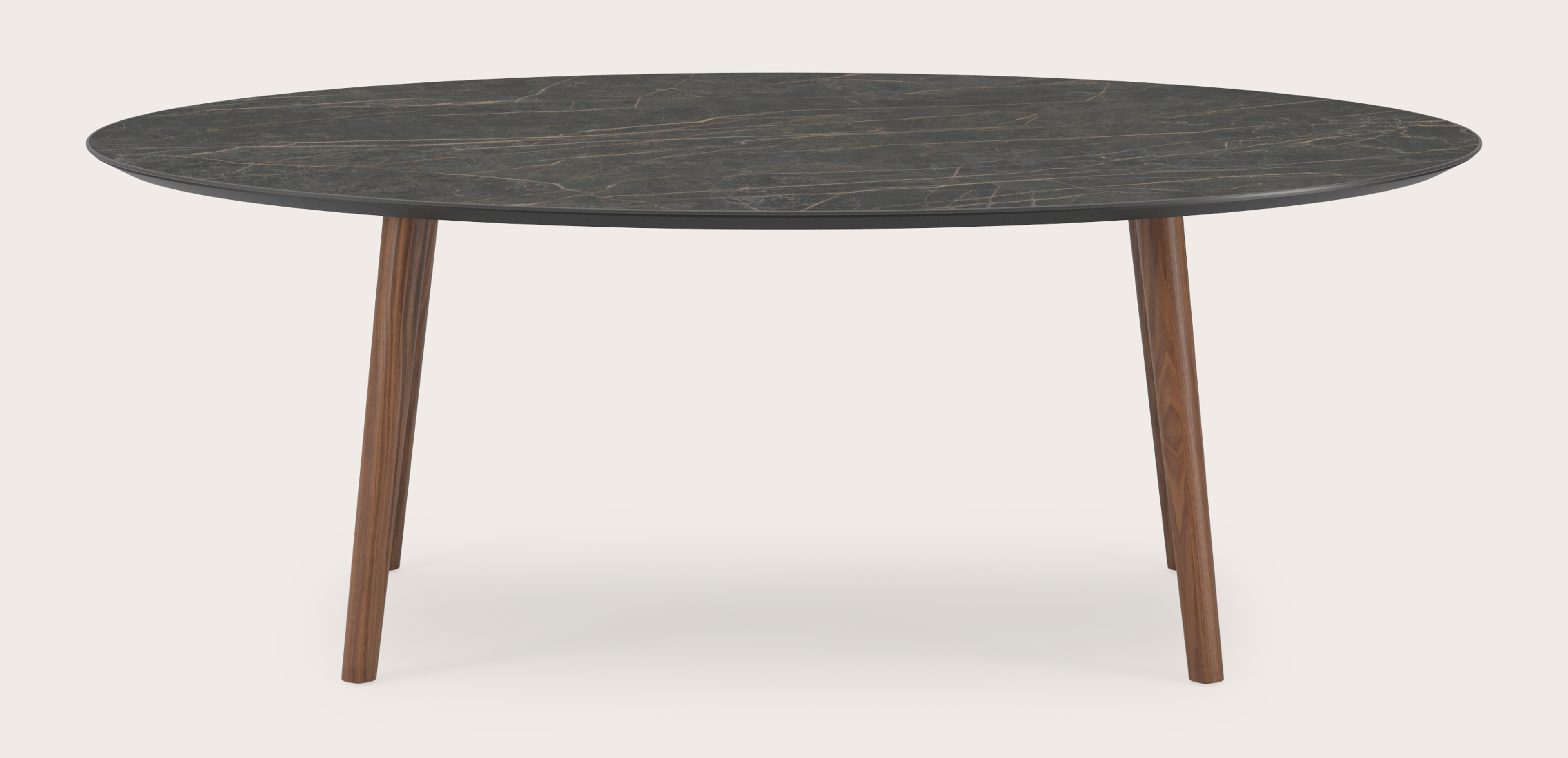 Eettafel Conico onderstel in gerookte eik met ovaal volkeramisch Ceramo blad in kleur Black Obsession 220 x 120 x 77 cm