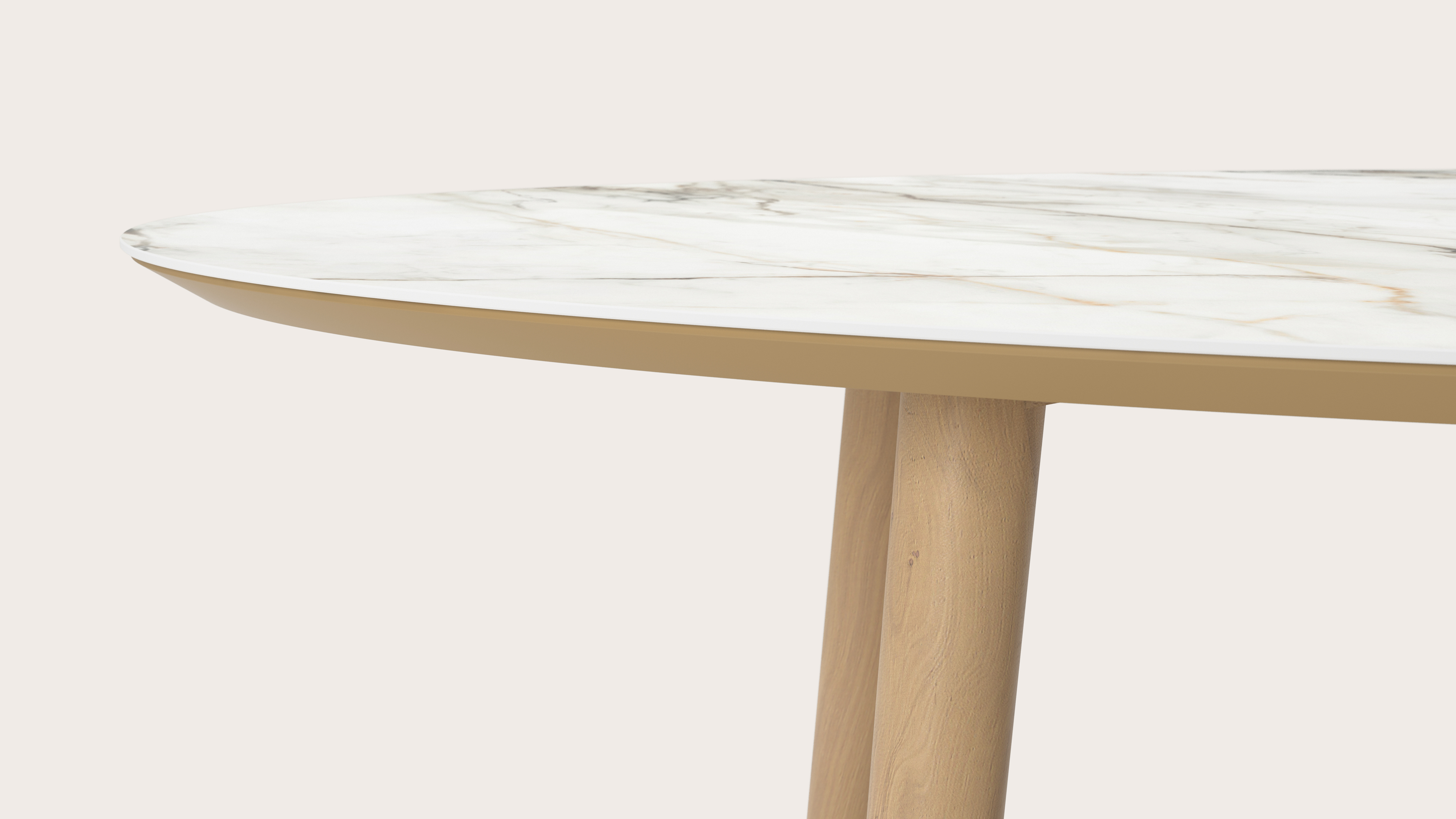 Table de salle à manger Conico armature en chêne couleur naturelle avec plateau Ceramo ovale en céramique en couleur Calacatta Luxe 260 x 130 x 76 cm