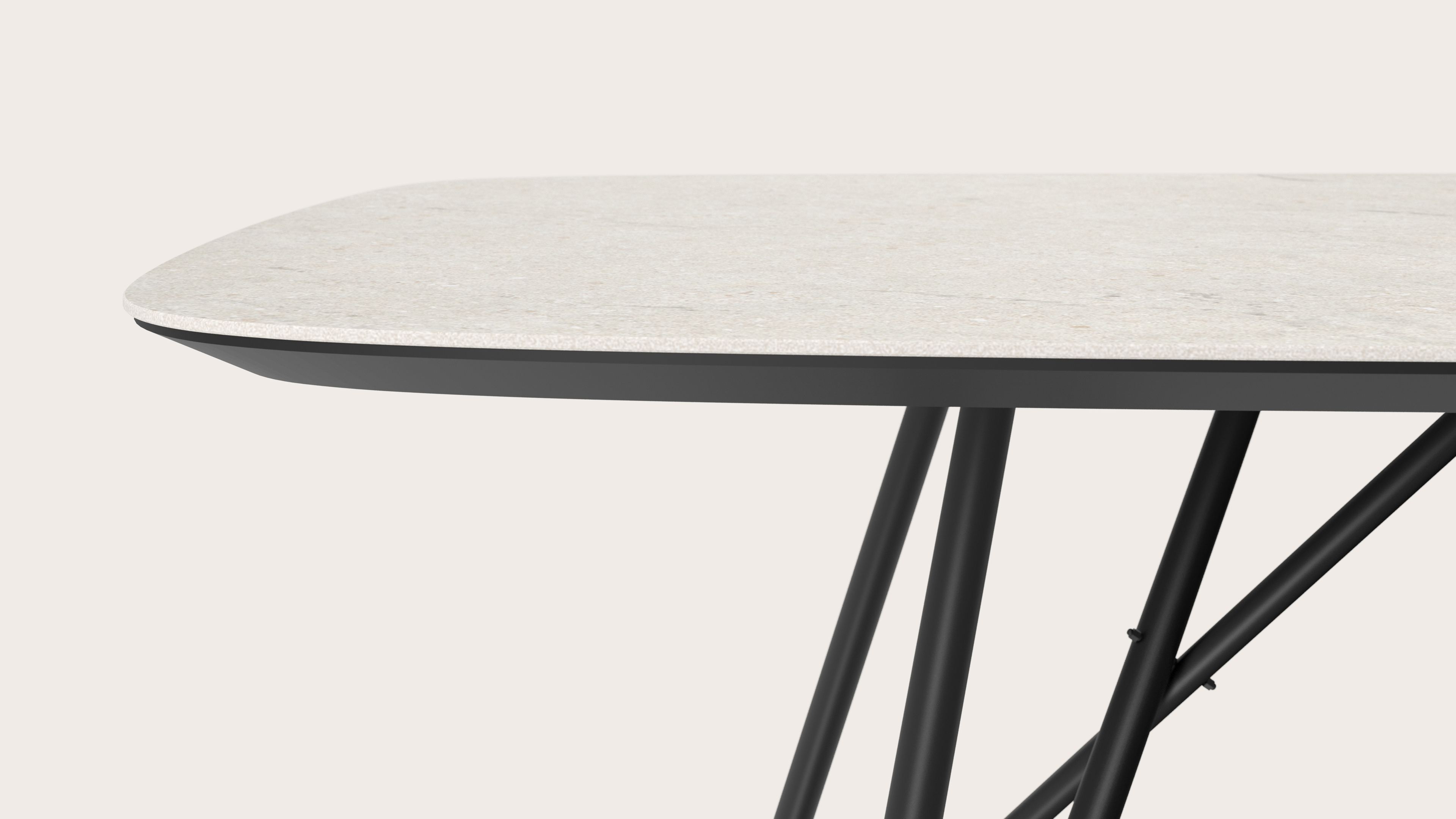 Eettafel Ragno onderstel in zwart metaal met bootvormig volkeramisch Ceramo blad in kleur Shilin 300 x 115 x 77 cm