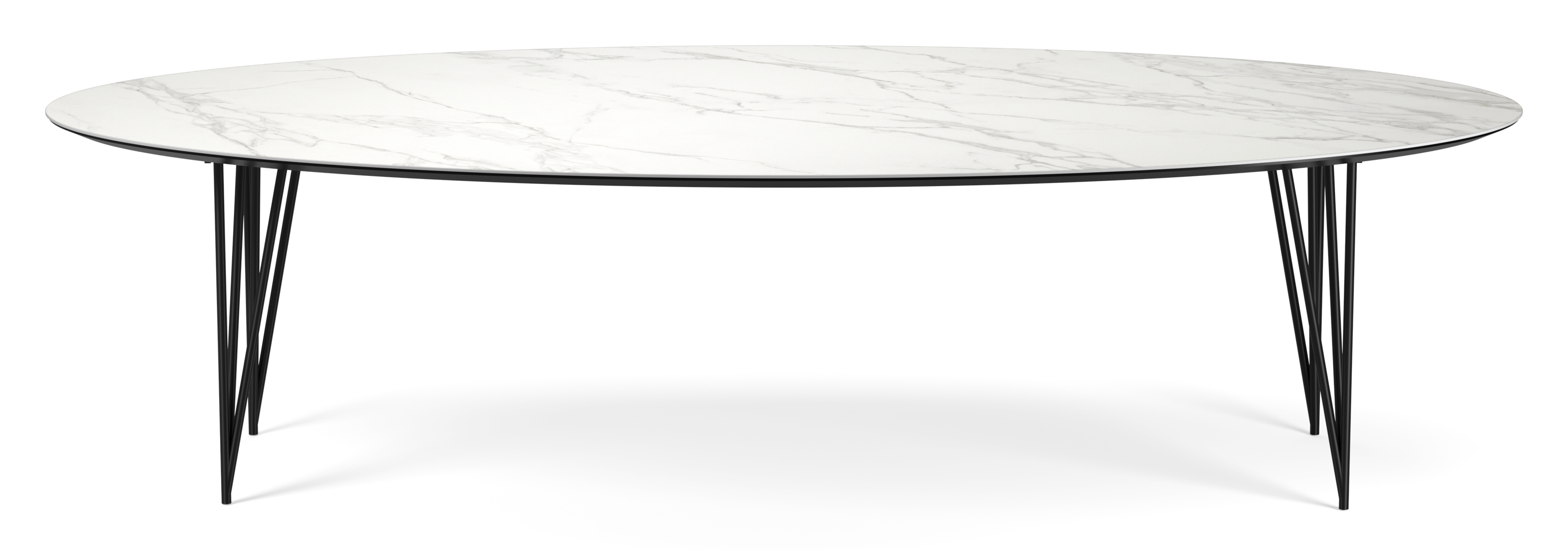 Eettafel Trentino onderstel in zwart metaal met ovaal volkeramisch Ceramo blad in kleur Calacatta 260 x 130 x 77 cm