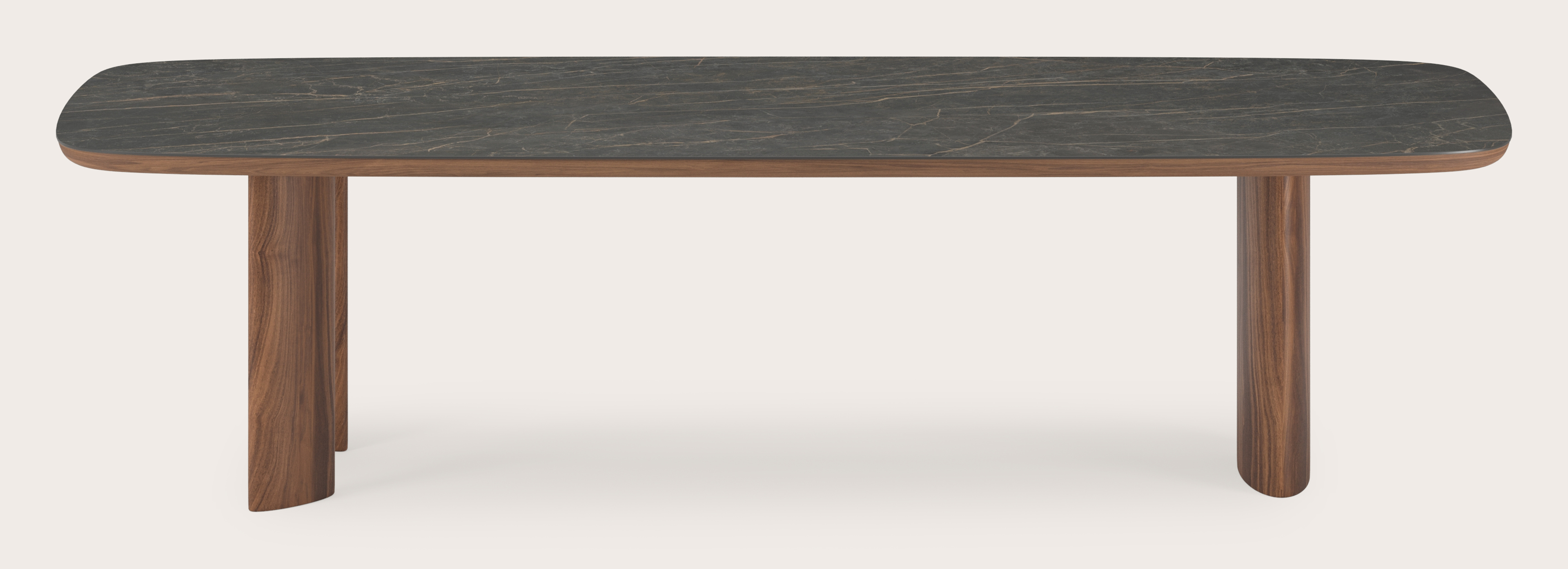 Table de salle à manger Amato Ellipso armature en noyer avec plateau Ceramo forme arrondie en céramique en couleur Black Obsession 300 x 115 x 76 cm