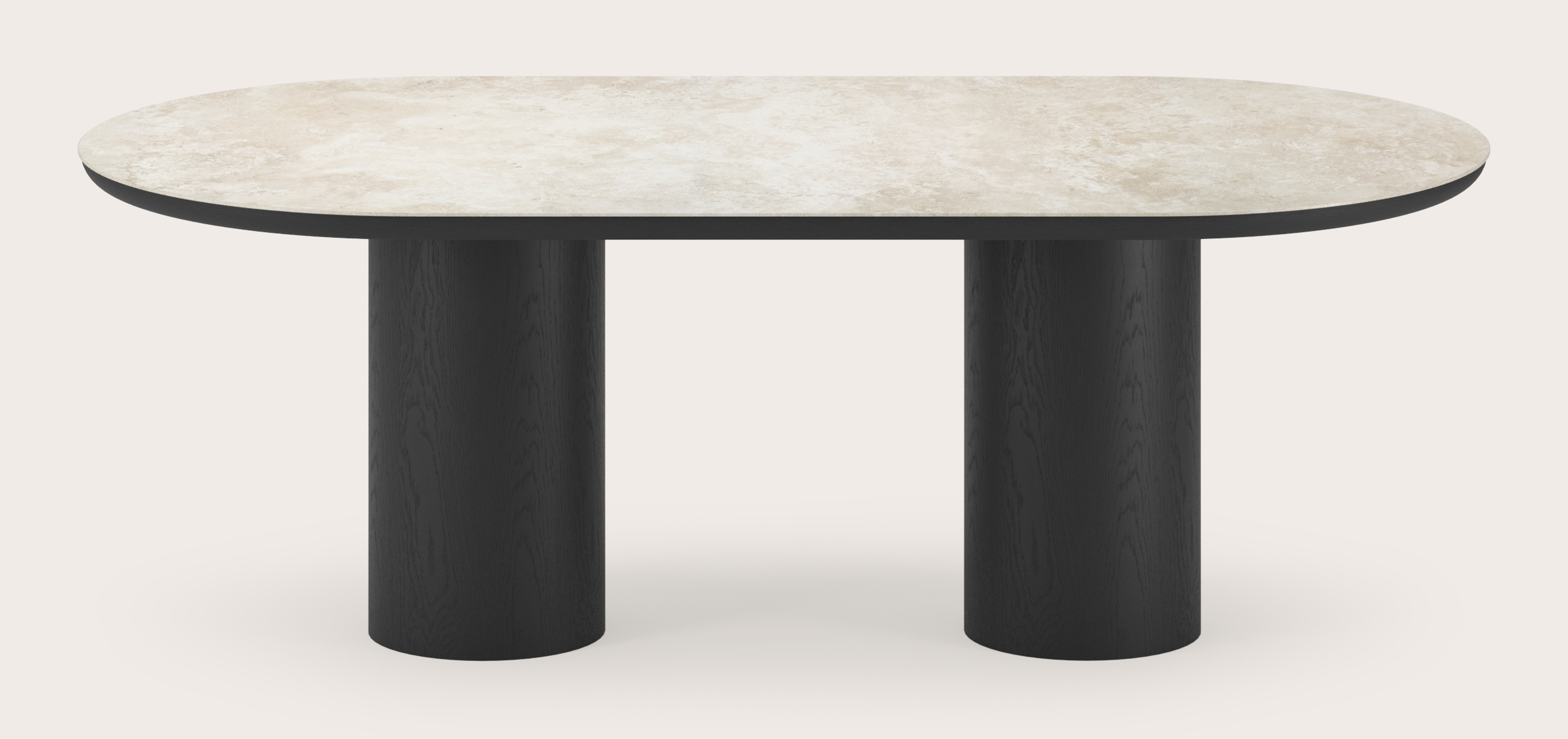 Eettafel Amato Rondo onderstel in zwarte eik met plat ovaal volkeramisch Ceramo blad in kleur Rapolano 220 x 110 x 76 cm