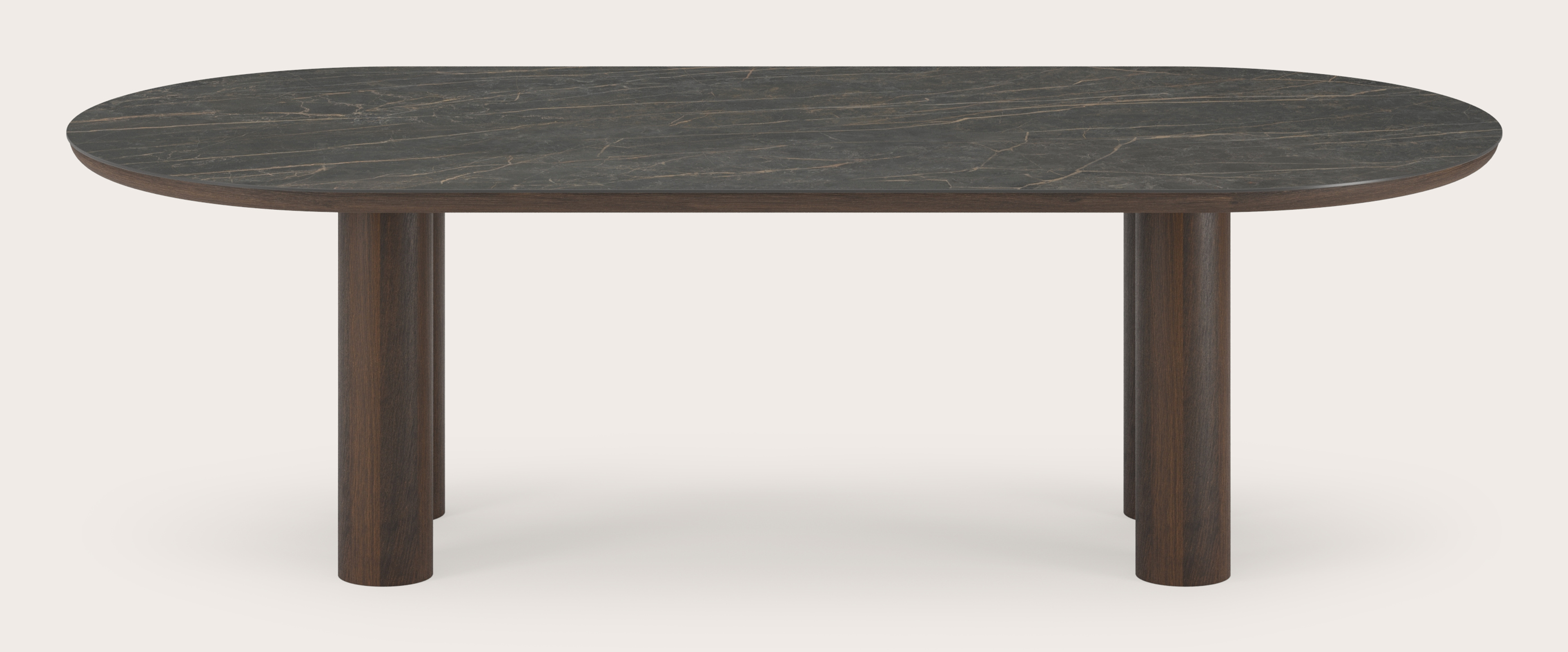 Table de salle à manger Amato Rondo armature en chêne fumé avec plateau Ceramo ovale plat en céramique en couleur Black Obsession 260 x 115 x 76 cm
