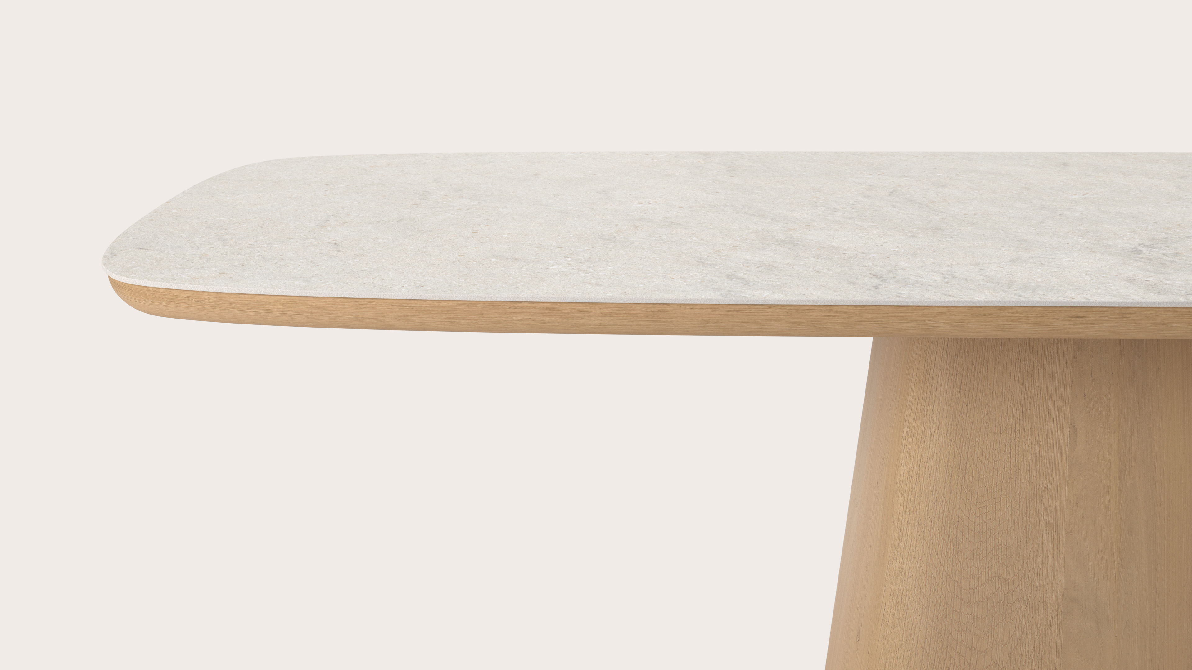 Eettafel Amato Cuadro onderstel in chêne couleur naturelle avec plateau Ceramo forme arrondie en céramique en couleur Shilin 260 x 110 x 77 cm
