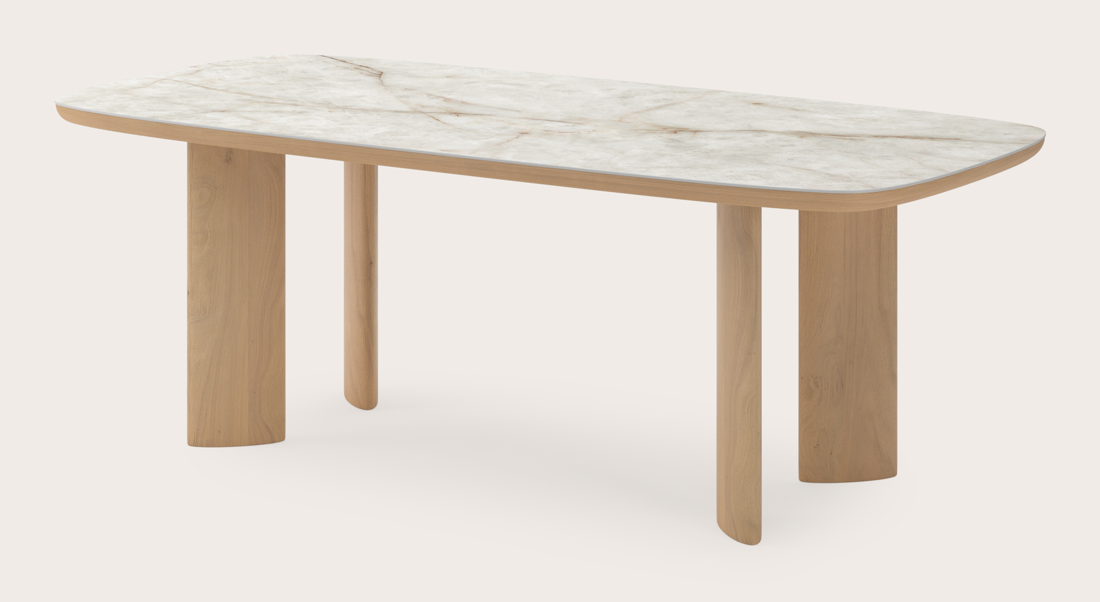 Eettafel Amato Ellipso onderstel in natuurkleurige eik met bootvormig volkeramisch Ceramo blad in kleur Himalaya 220 x 105 x 76 cm