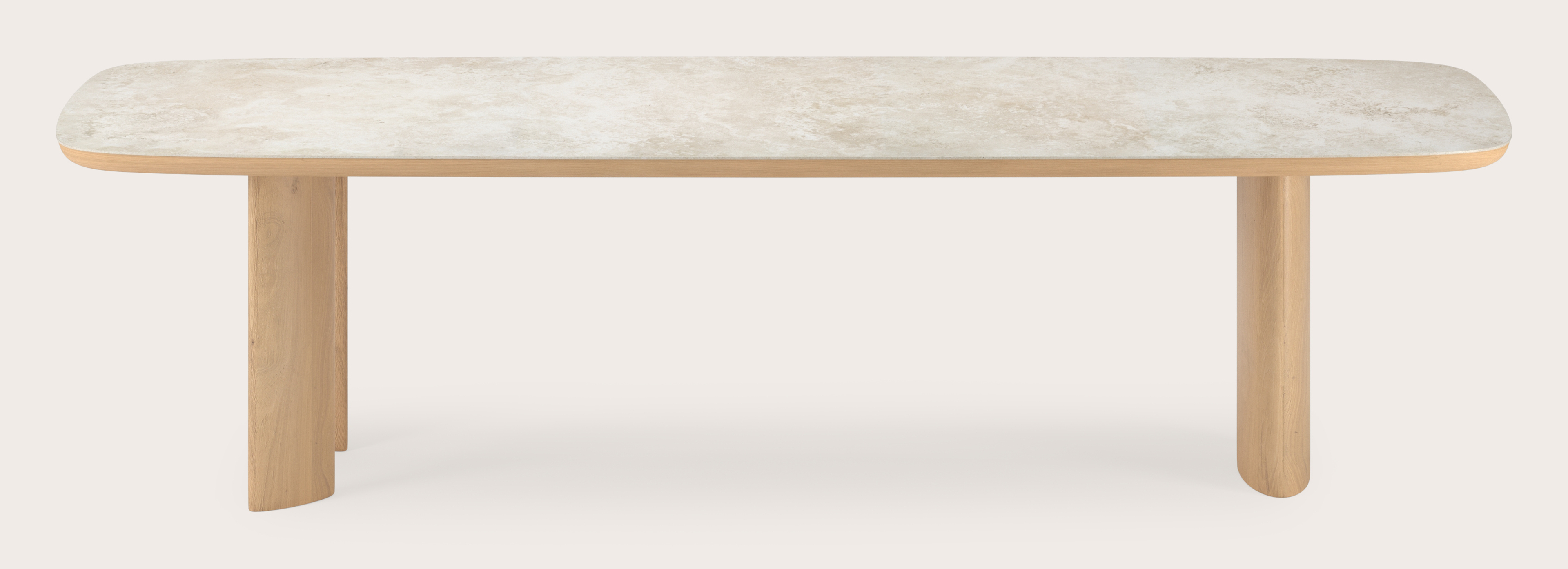 Table de salle à manger Amato Ellipso armature en chêne couleur naturelleavec plateau Ceramo forme arrondie en céramique en couleur Rapolano 300 x 115 x 76 cm