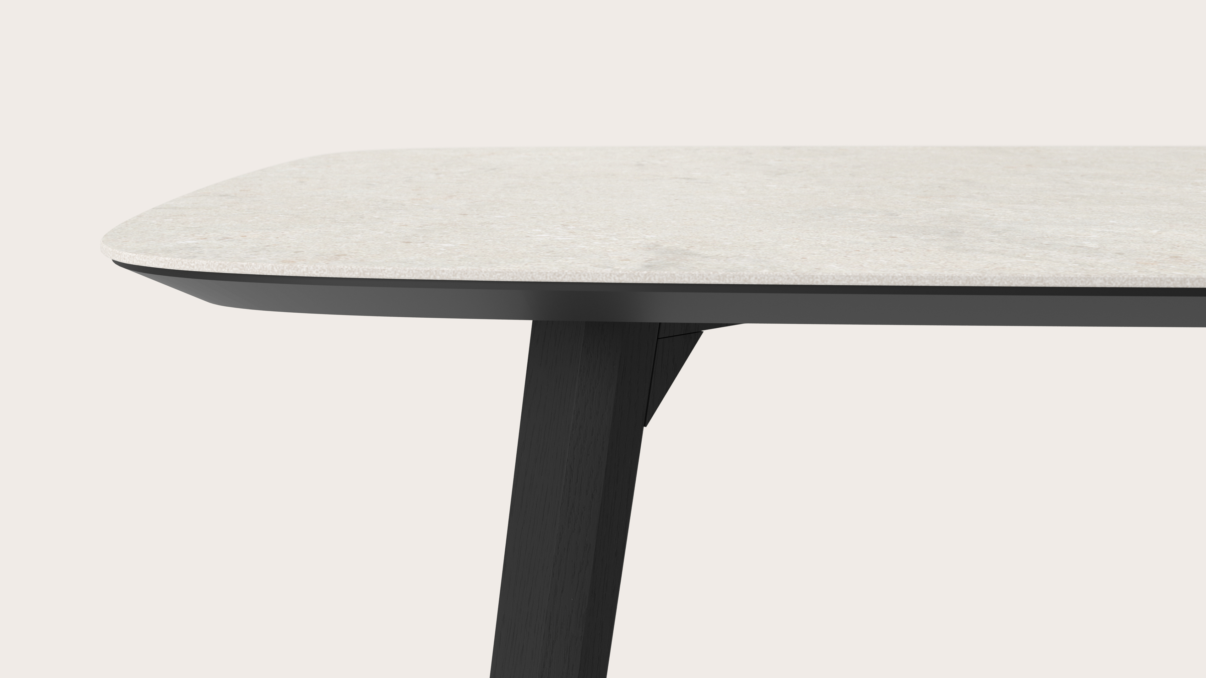 Eettafel Clino onderstel in zwarte eik met bootvormig volkeramisch Ceramo blad in kleur Shilin 220 x 105 x 77 cm