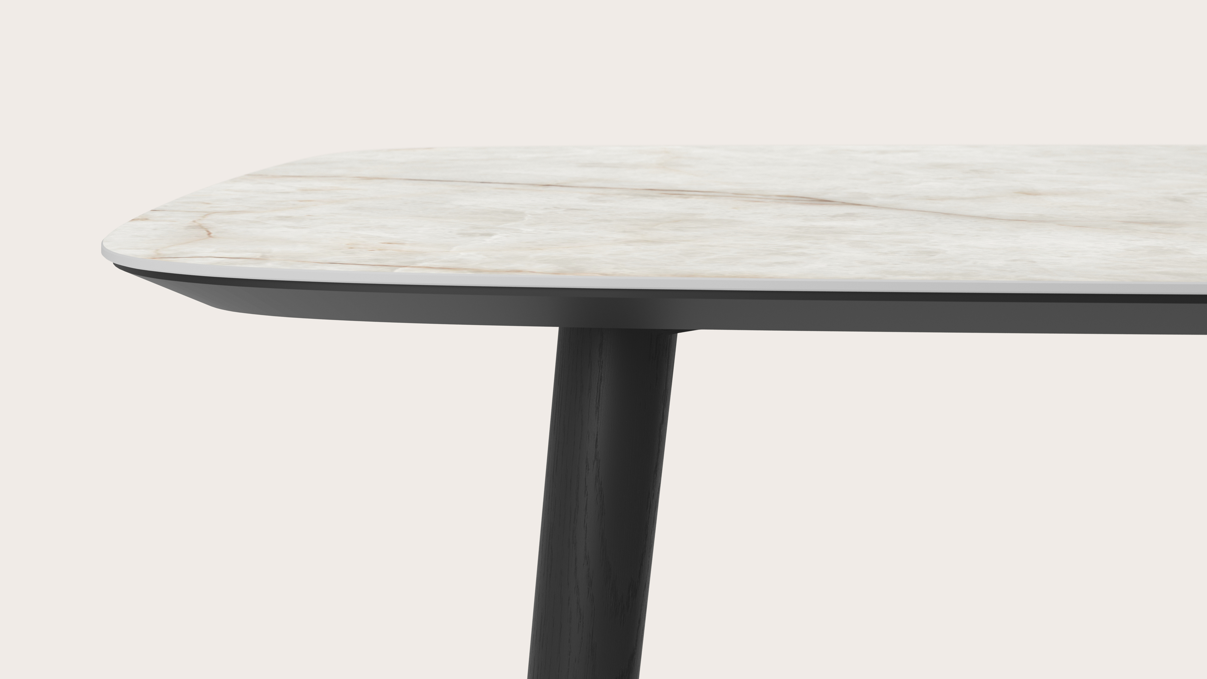Table de salle à manger Conico armature en chêne noir avec plateau Ceramo forme arrondi en céramique en couleur Himalaya 260 x 110 x 77 cm