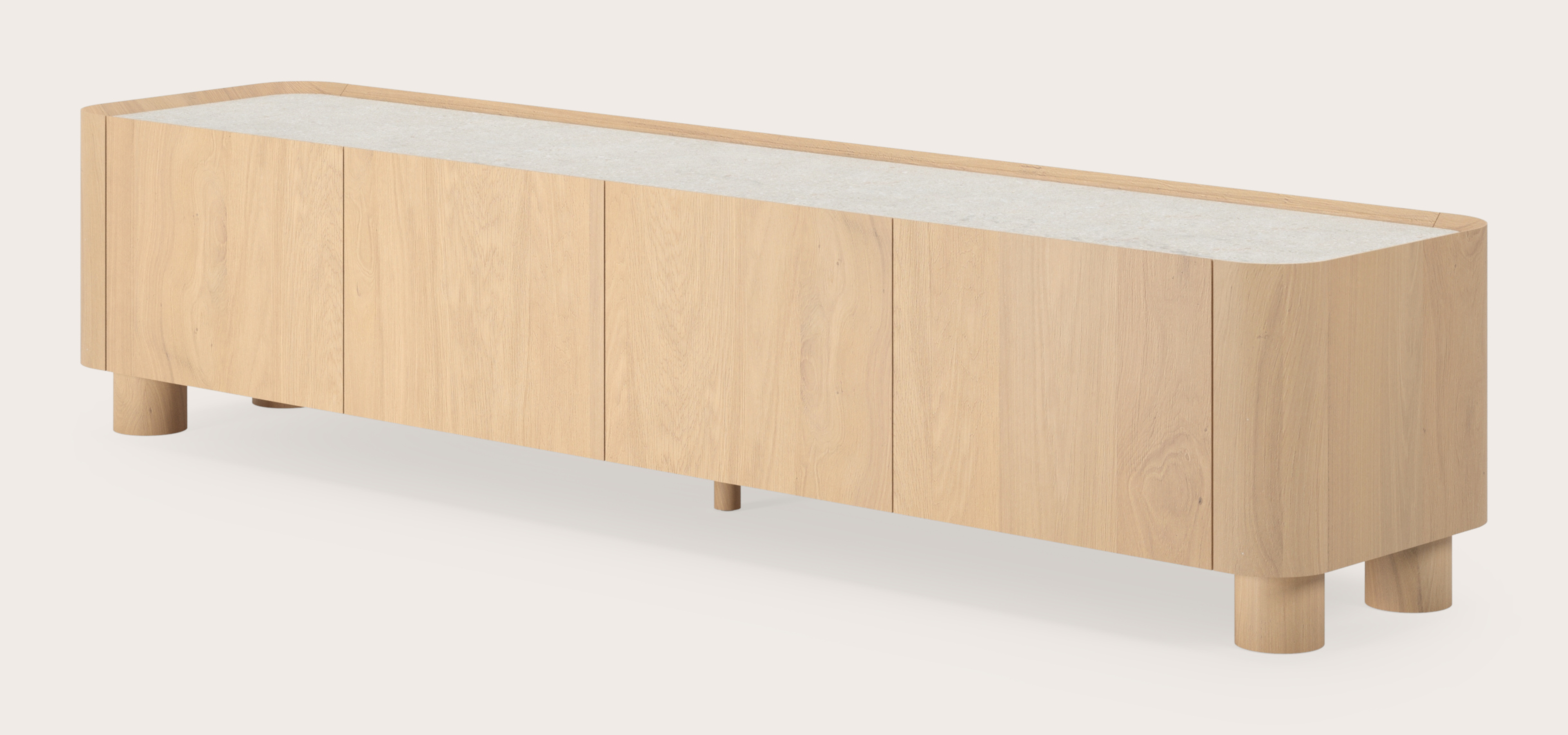 Curvato tv-meubel in natuurkleurige eik met ronde houten poten met volkeramisch Ceramo blad in kleur Shilin 203 x 45 x 44 cm