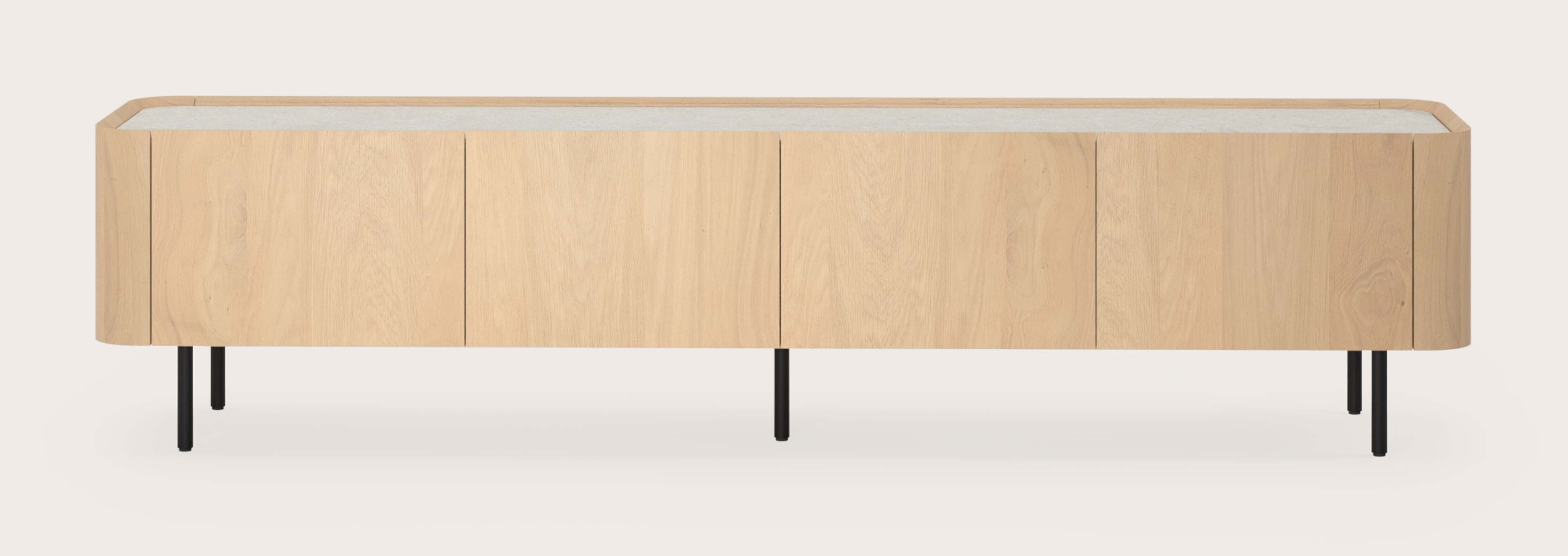 Meuble tv Curvato en chêne couleur naturelle avec pieds ronds en métal avec plateau Ceramo en céramique en couleur Shilin 219 x 45 x 52 cm