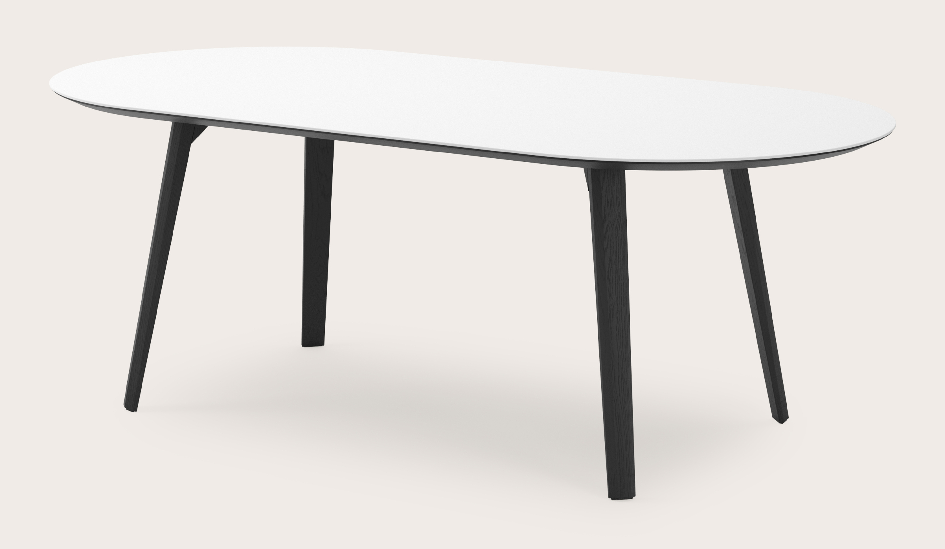 Eettafel Clino onderstel in zwarte eik met plat ovaal volkeramisch Ceramo blad in kleur Arctic White 220 x 110 x 77 cm