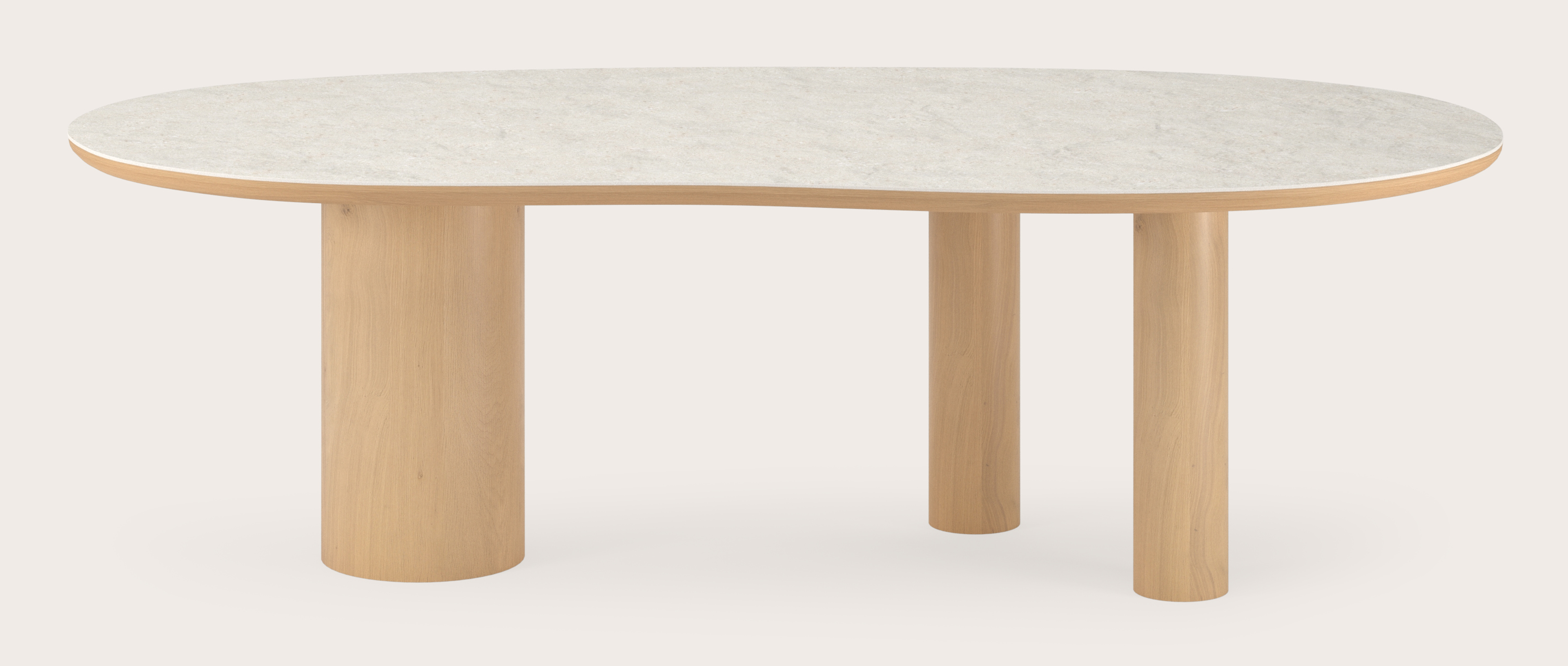 Eettafel Amato Rondo onderstel in natuurkleurige eik met Blobvormig volkeramisch Ceramo blad in kleur Shilin 260 x 117 x 77 cm