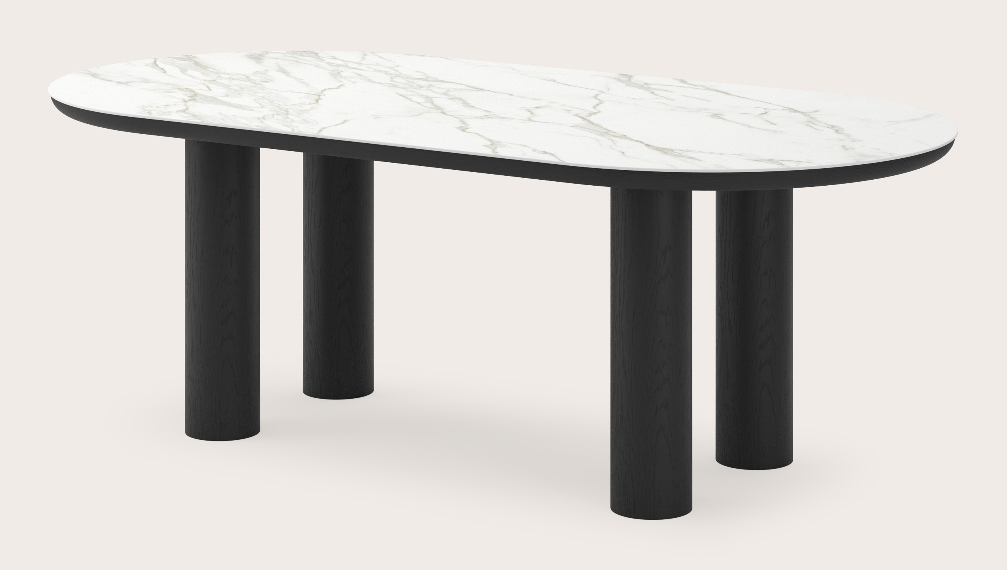 Table de salle à manger Amato Rondo armature en chêne noir avec plateau Ceramo ovale plat en céramique en couleur Calacatta 220 x 110 x 76 cm
