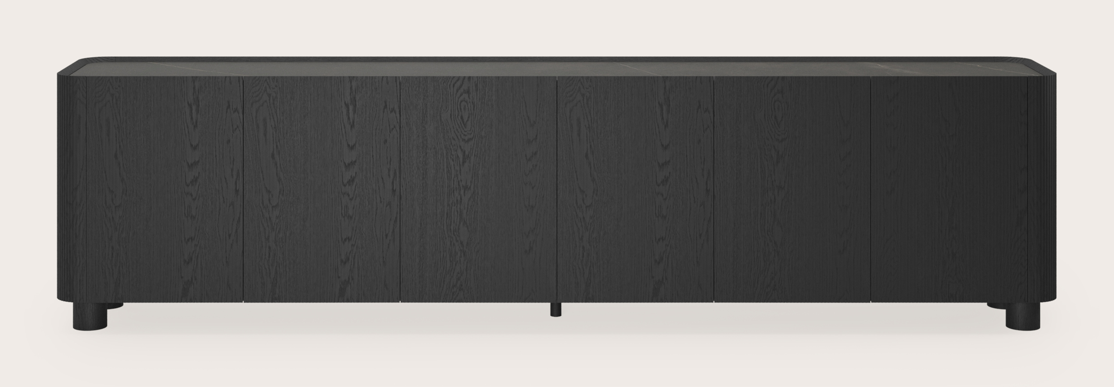 Buffet Grivato en chêne noir avec pieds ronds avec plateau Ceramo rond en céramique en couleur Calatorao 294 x 45 cm
