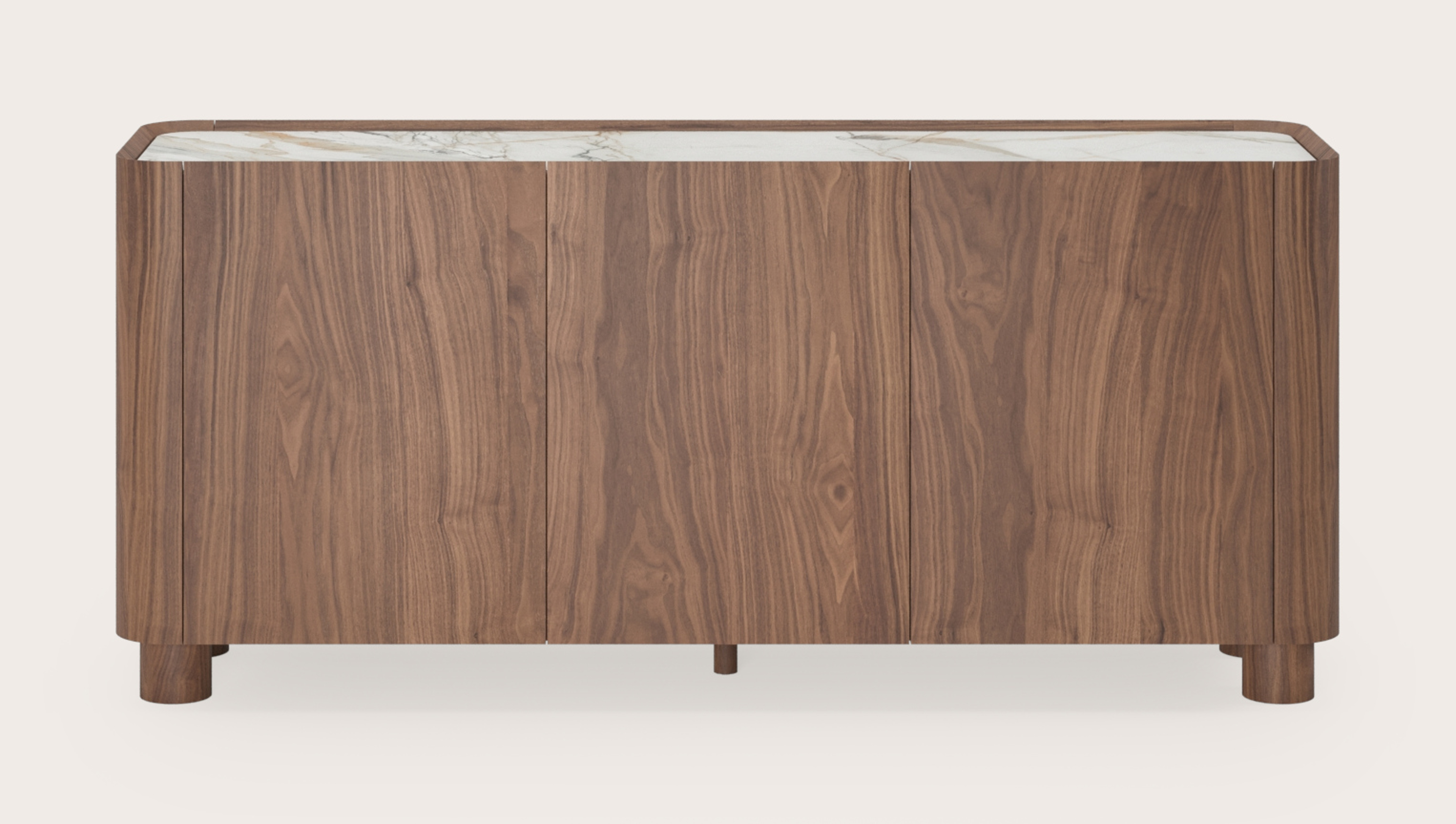Buffet Curvato en noyer avec pieds ronds en bois avec plateau Ceramo en céramique en couleur Calacatta Luxe 169 x 45 x 76 cm