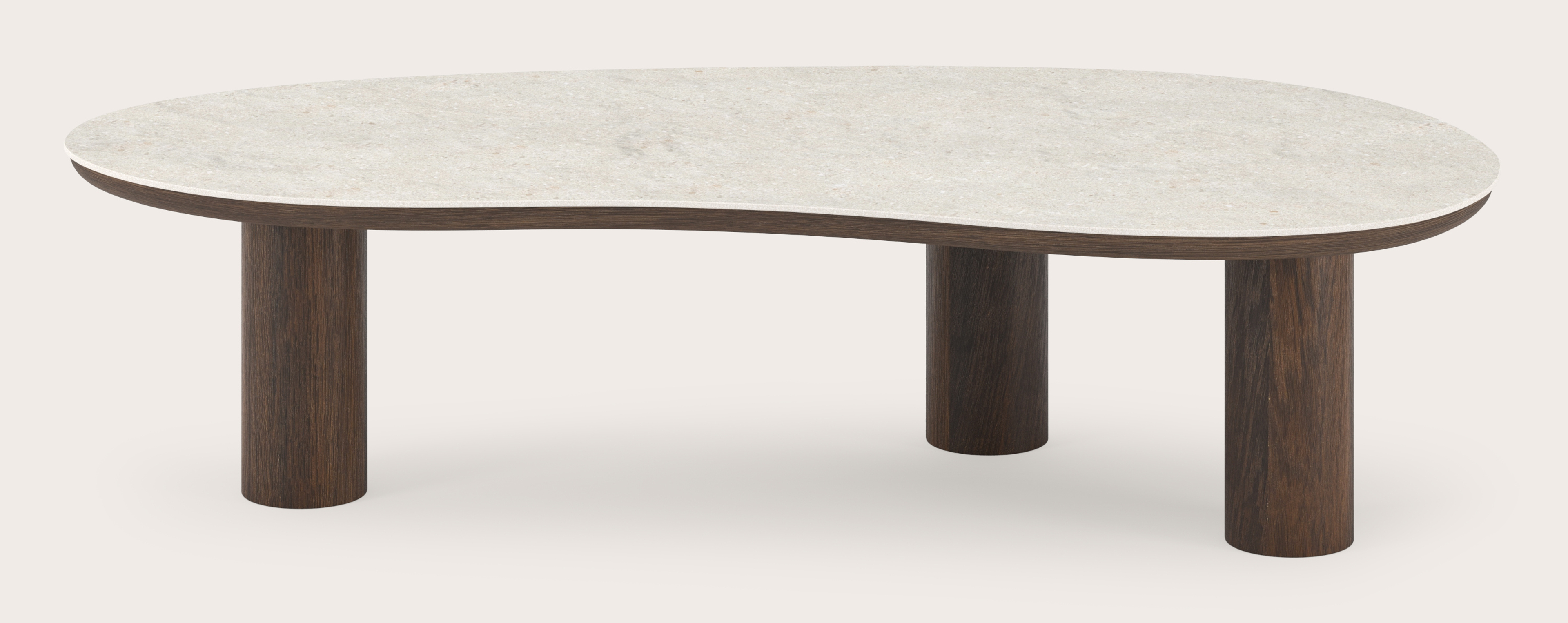 Salontafel Amato Rondo XSmall onderstel in gerookte eik met blobvormig volkeramisch Ceramo blad in kleur Shilin 135 x 68 x 34 cm