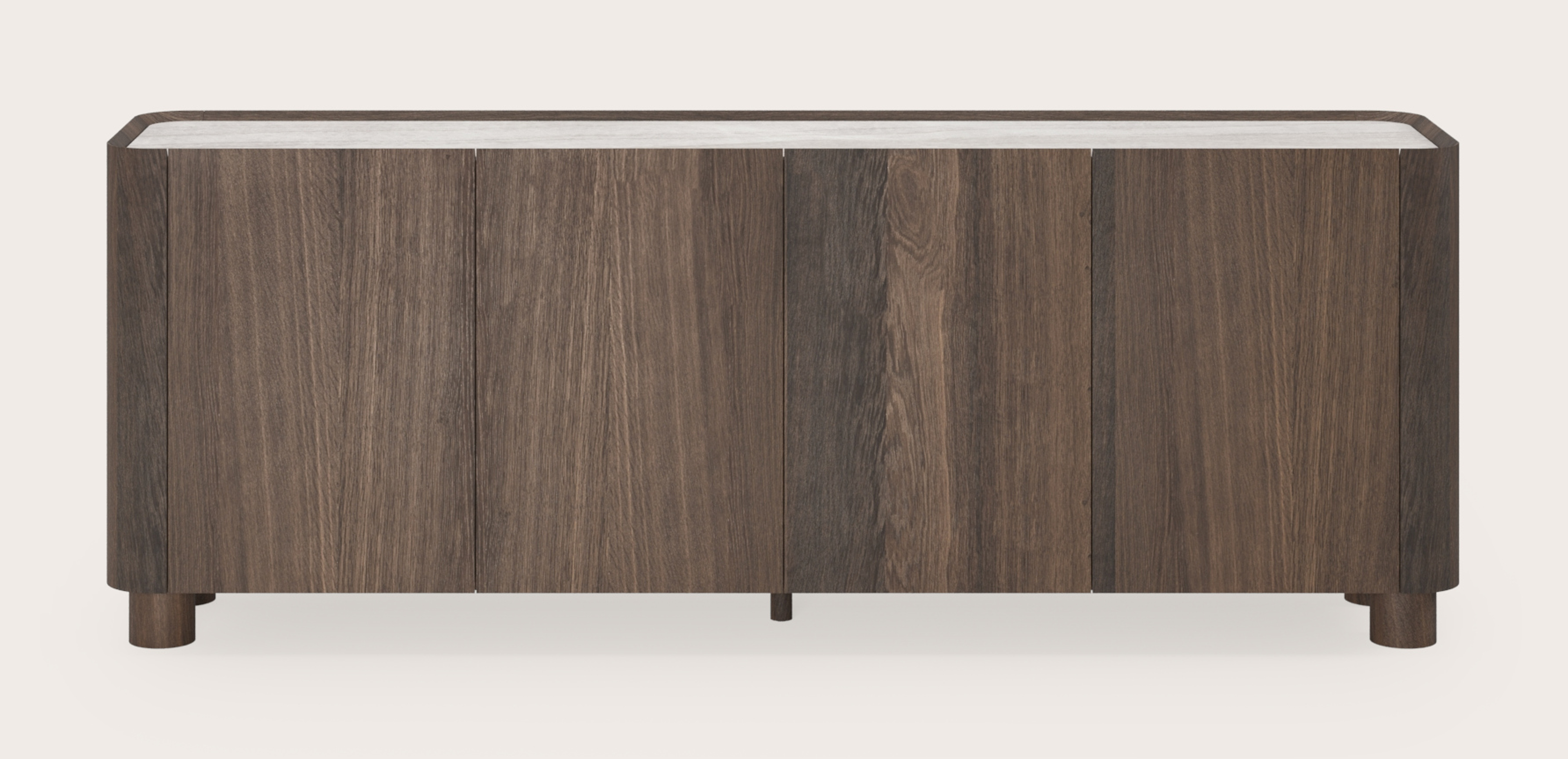 Curvato dressoir in gerookte eik met ronde houten poten met volkeramisch Ceramo blad in kleur Taj Mahal 203 x 45 x 76 cm