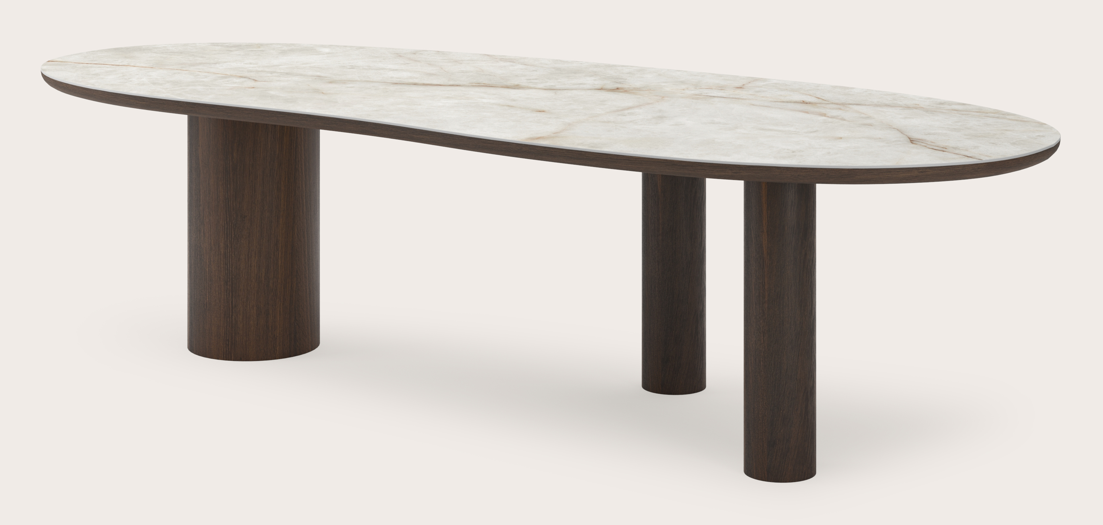 Eettafel Amato Rondo onderstel in gerookte eik met Blobvormig volkeramisch Ceramo blad in kleur Himalaya 300 x 122 x 77 cm