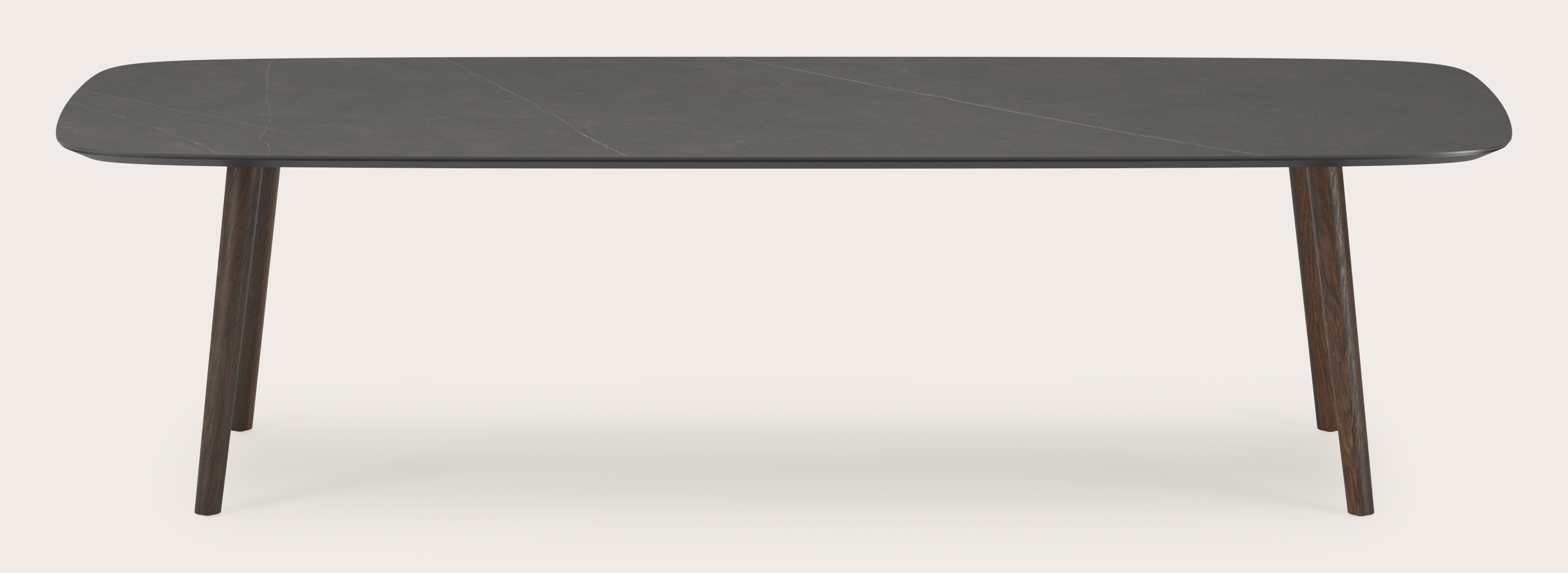 Eettafel Conico onderstel in gerookte eik met bootvormig volkeramisch Ceramo blad in kleur Calatorao 300 x 115 x 77 cm