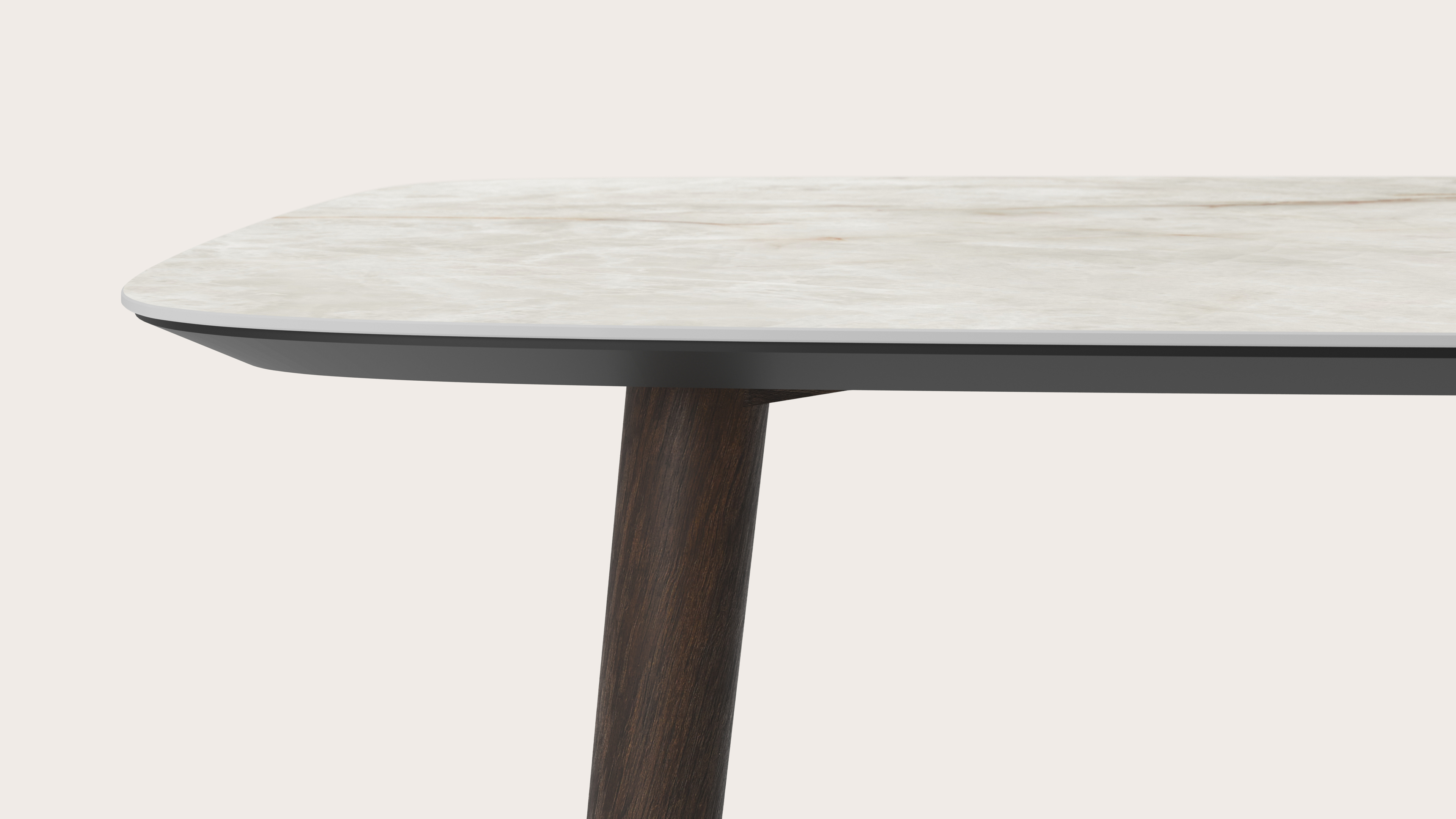 Table de salle à manger Conico armature en chêne fumé avec plateau Ceramo forme arrondie en céramique en couleur Himalaya 200 x 105 x 77 cm