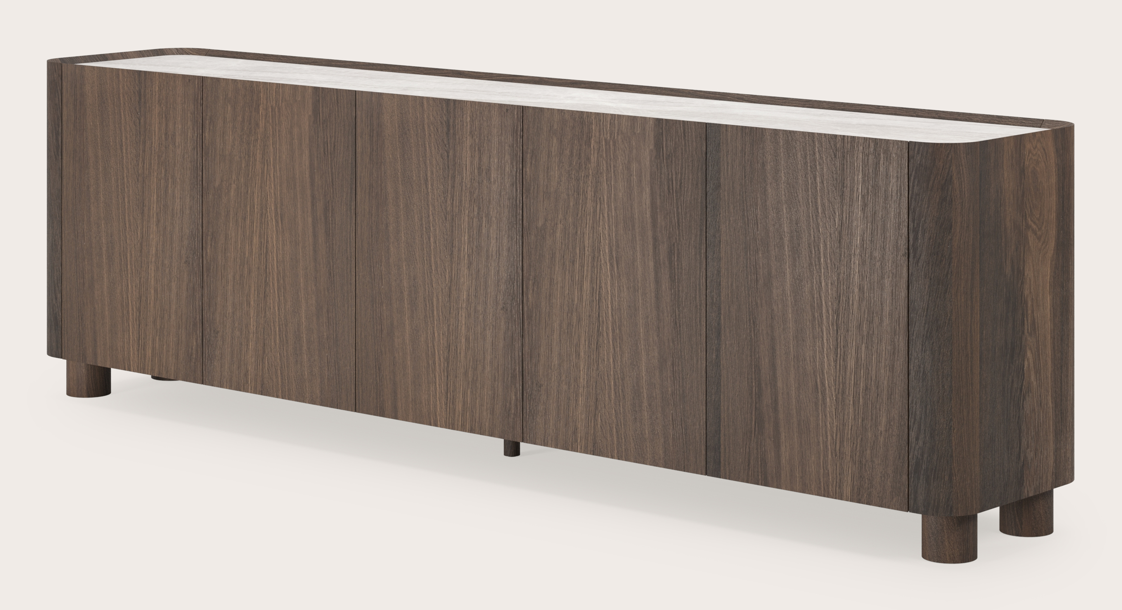 Buffet Curvato en chêne fumé avec pieds ronds en bois avec plateau Ceramo en céramique en couleur Taj Mahal 249 x 45 x 76 cm