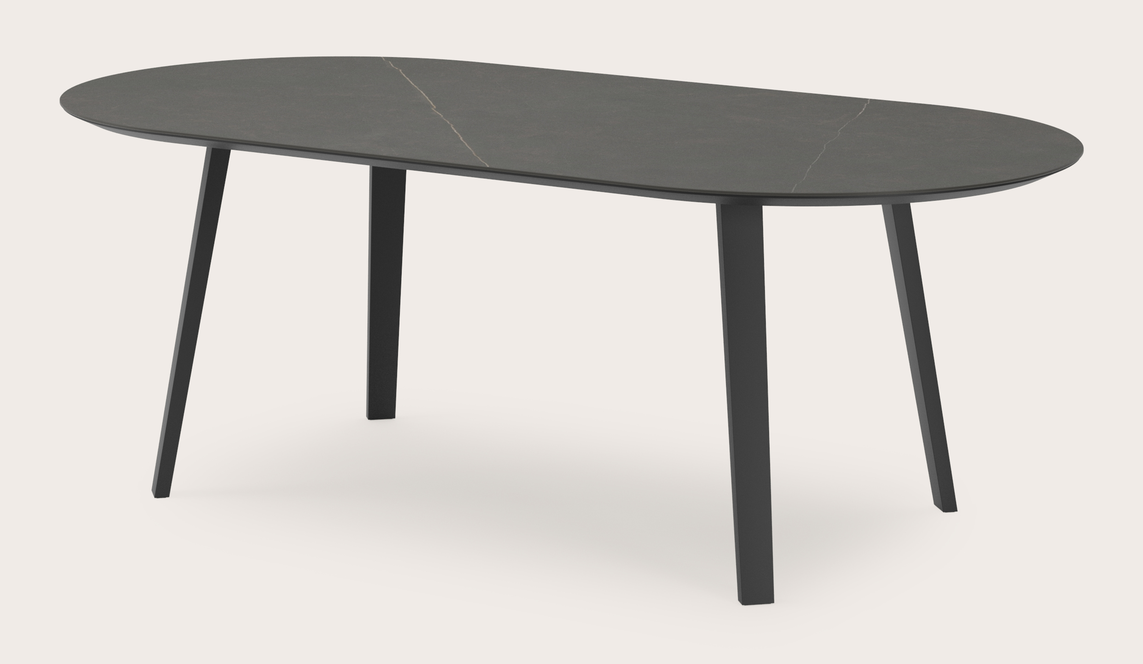 Eettafel Clino onderstel in zwart metaal met plat ovaal volkeramisch Ceramo blad in kleur Calatorao 220 x 110 x 77 cm